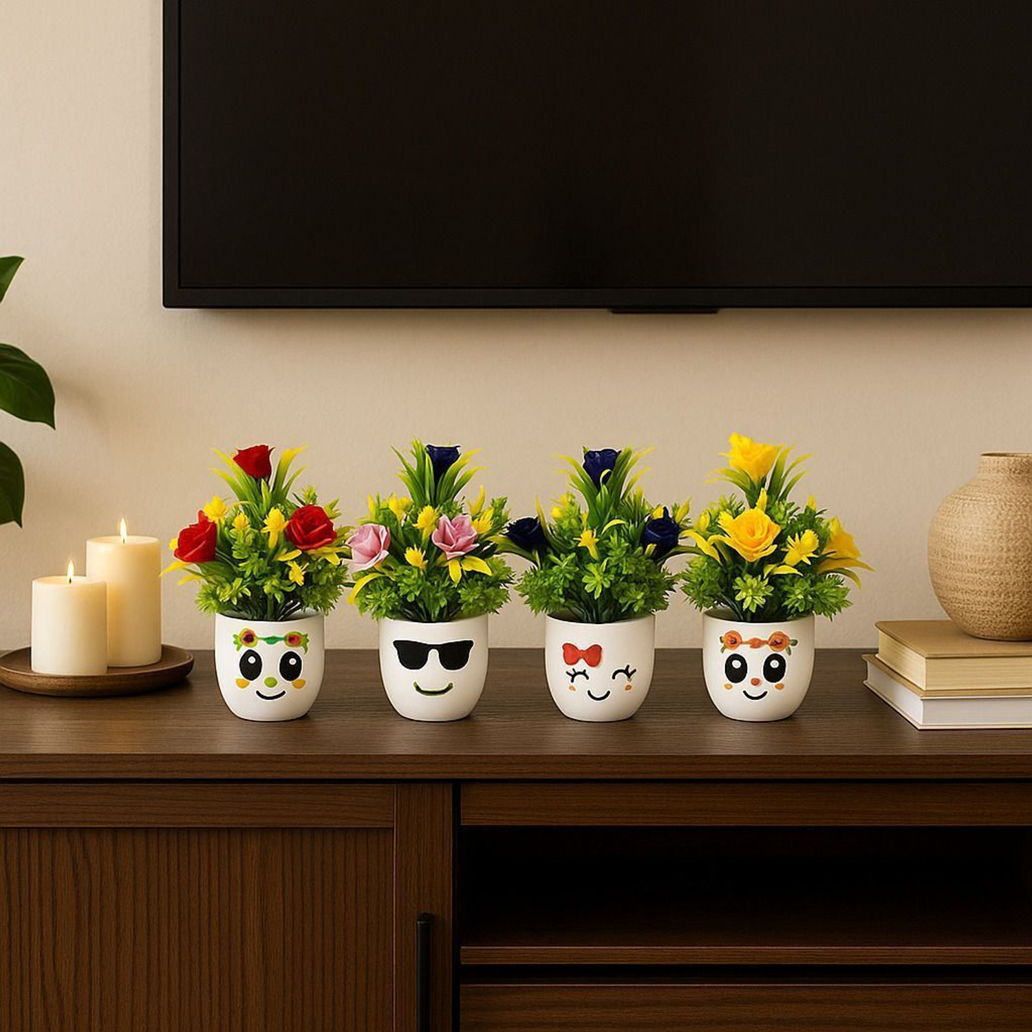 Image of Asharya Set of 4 Mini Succulent Faux Pots & Flowers for Home Decor, Office Table, Gift Bonsai Wild Artificial Plant with Pot