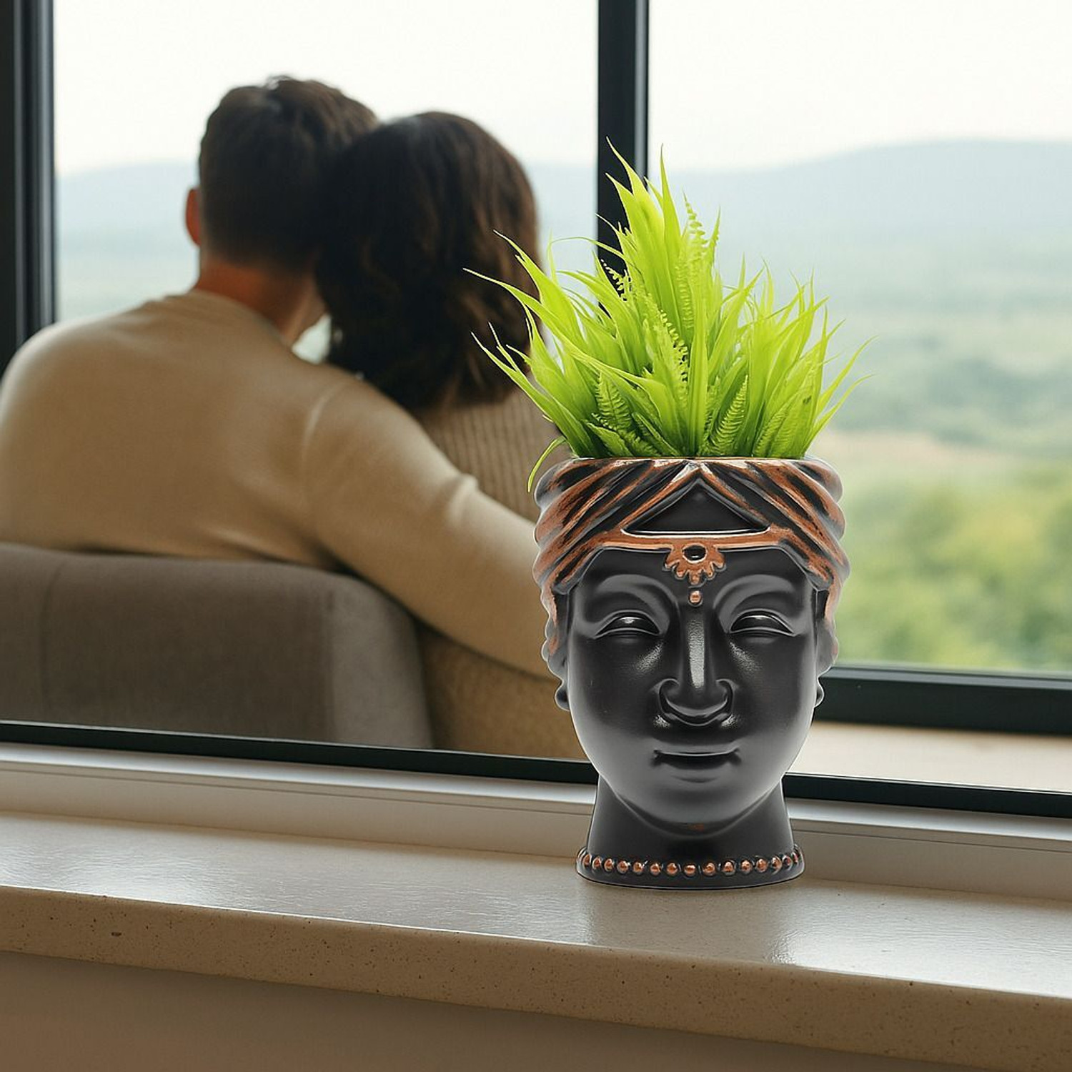 Image of Asharya Stylish Faux Grass Plant with Designer Face Pot for Table & Balcony Home Decor Bonsai Wild Artificial Plant with Pot