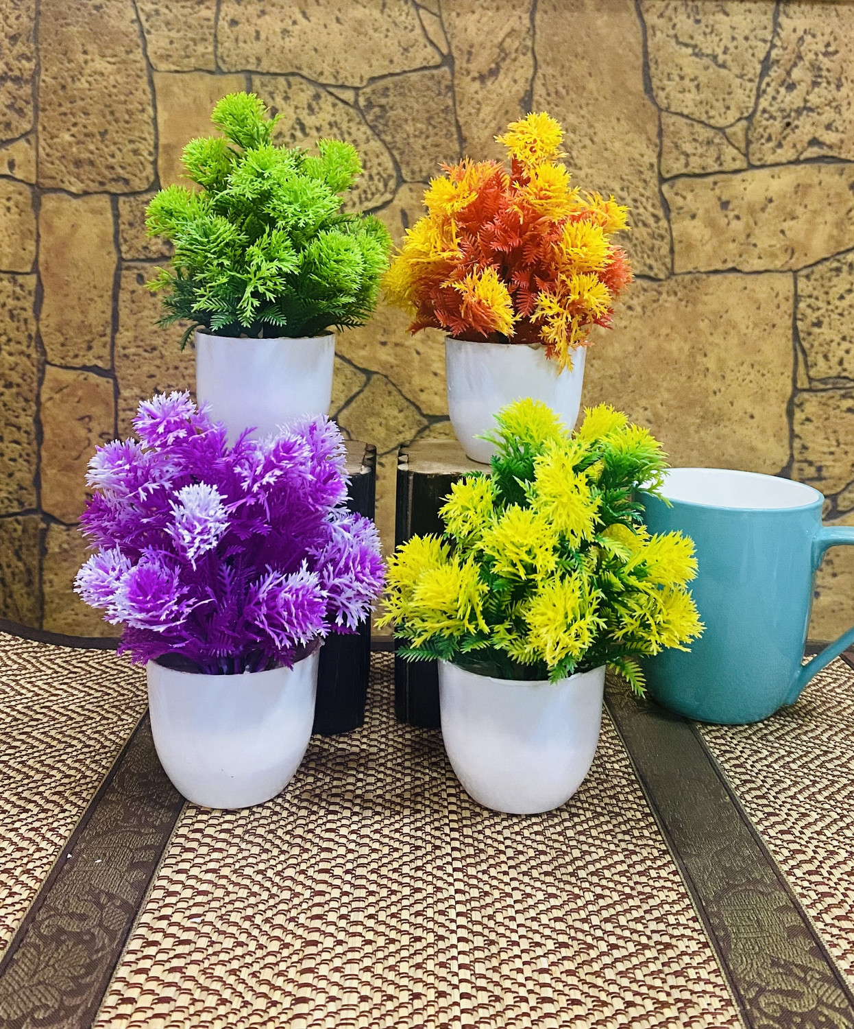 Image of Ryme Set Of 4 Mini /Small Artificial Plants With Pot For Home And Office Decoration Bonsai Wild Artificial Plant with Pot