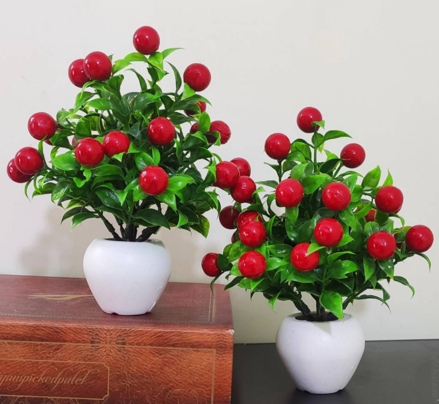 zonezer Artificial Red cherry plant with green soft leaf attached
