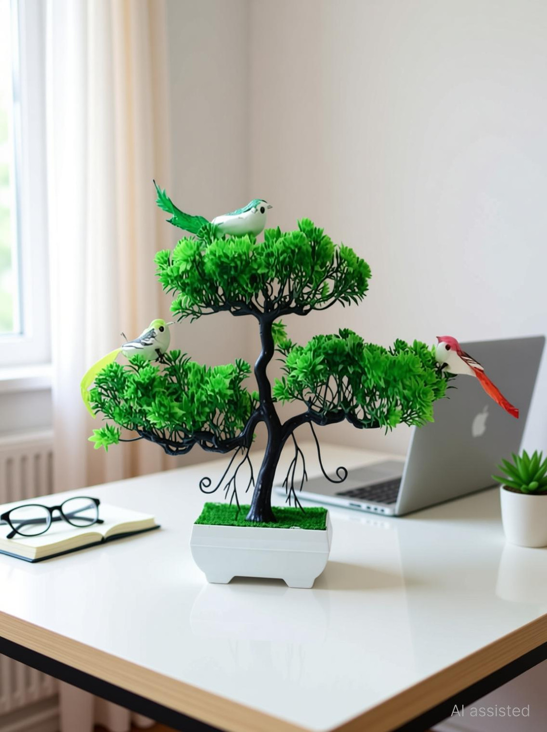 Image of WhiteAsh With 3 birds Bonsai Wild Artificial Plant with Pot