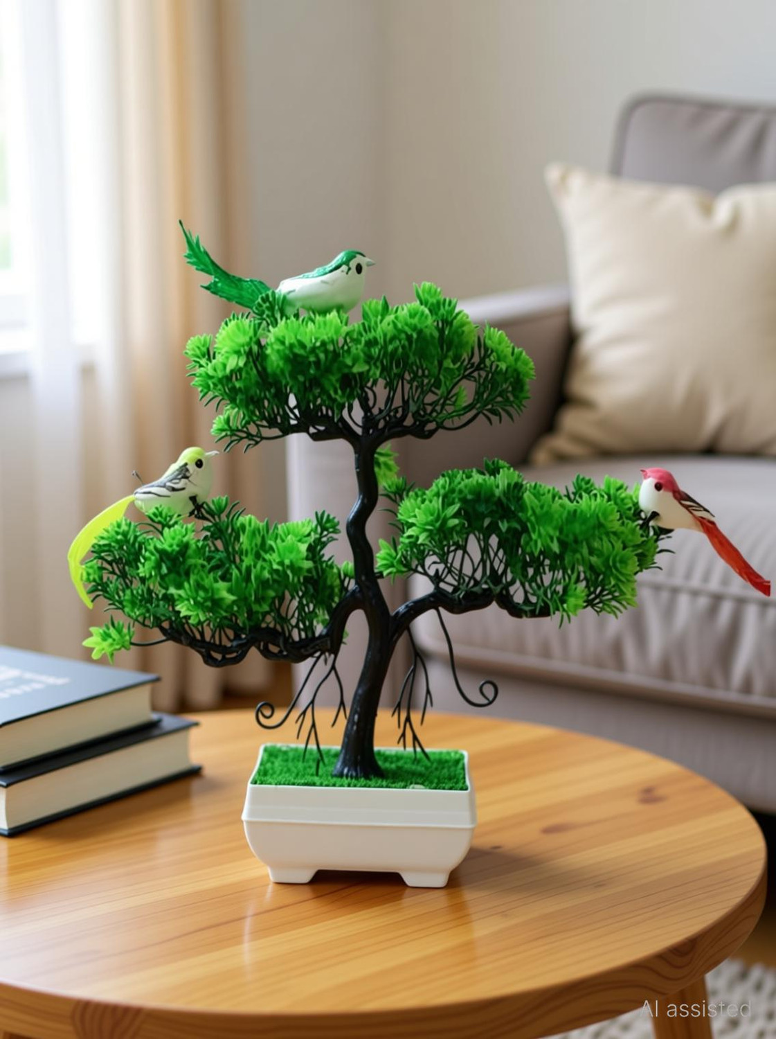 Image of WhiteAsh With 3 birds Bonsai Wild Artificial Plant with Pot