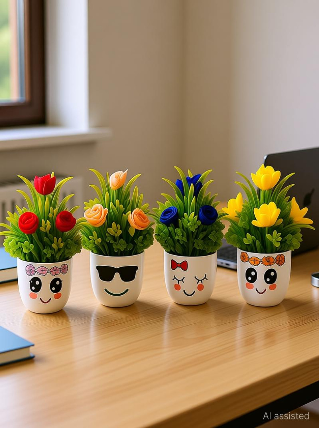 Image of DODECROO Mini Artificial Flower Cute Pot For Home Decor & Office Decor Faux Plant Pc- 4 Bonsai Wild Artificial Plant with Pot