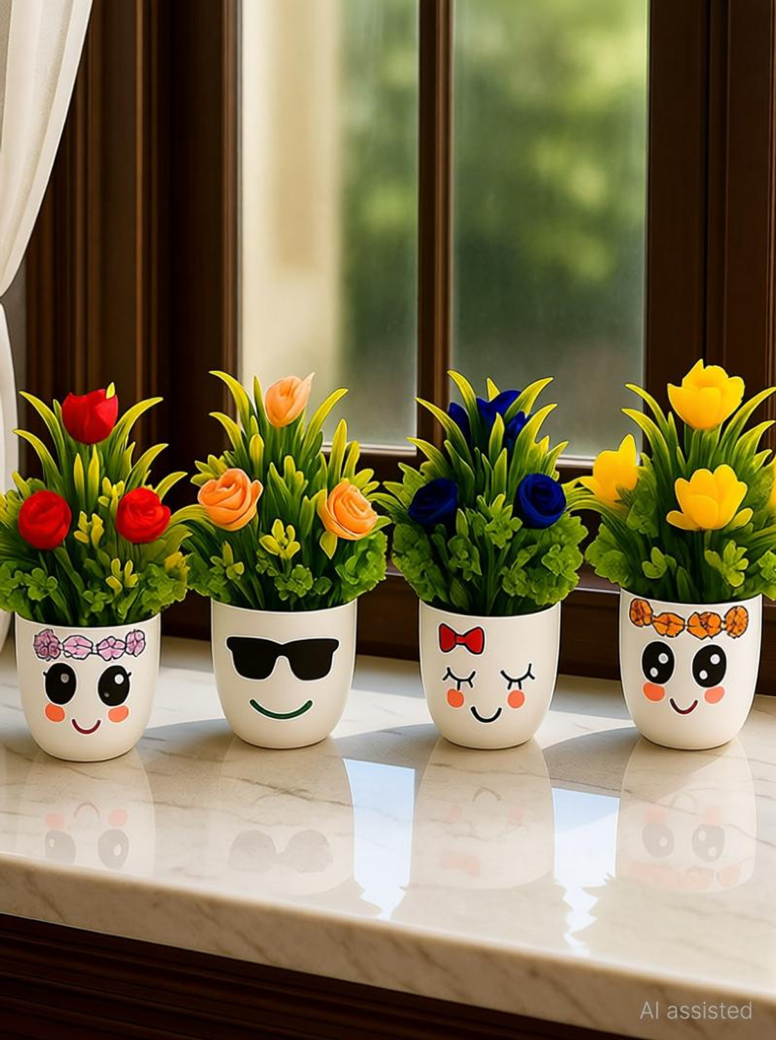 Image of DODECROO Mini Artificial Flower Cute Pot For Home Decor & Office Decor Faux Plant Pc- 4 Bonsai Wild Artificial Plant with Pot