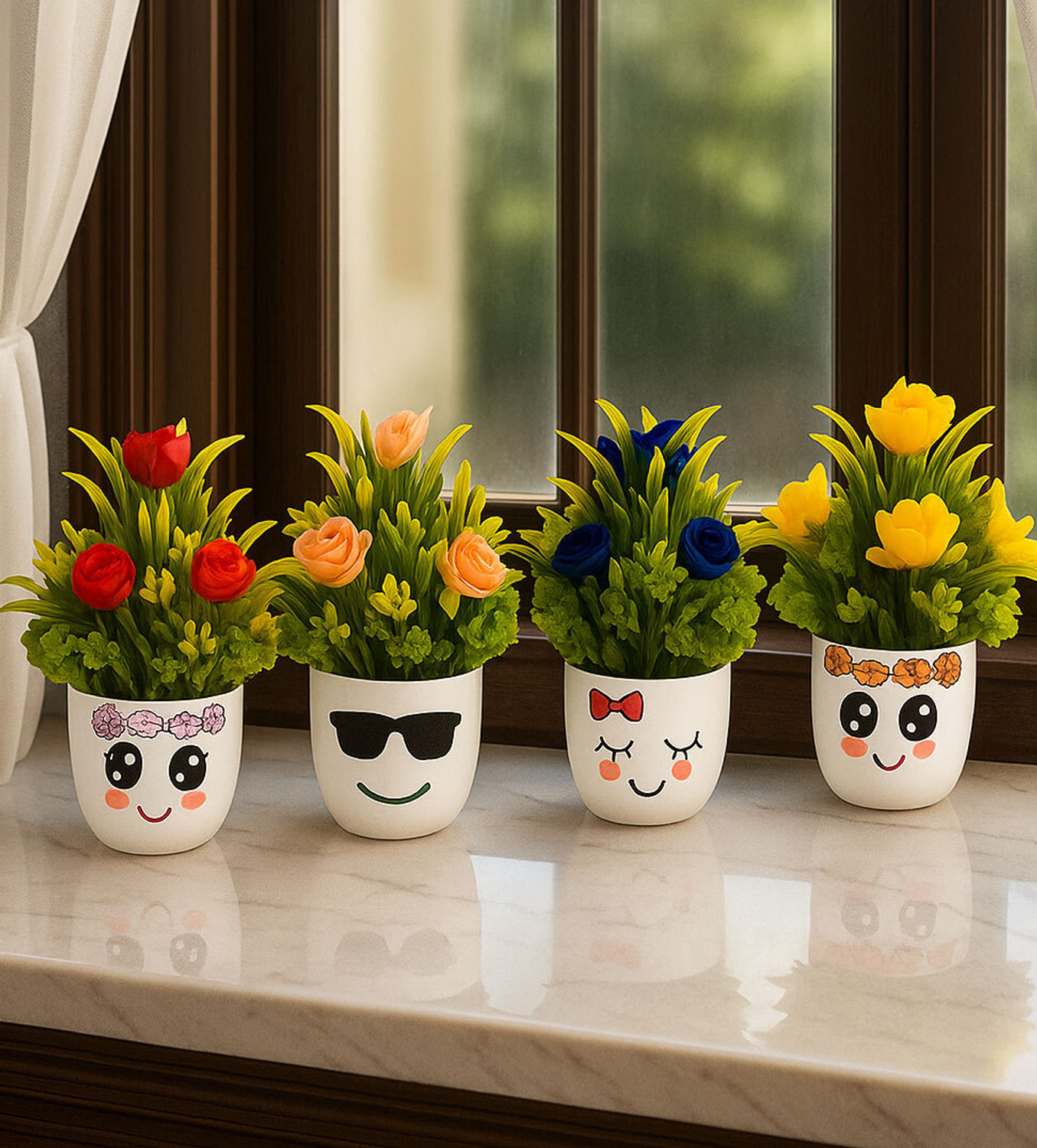 Image of DODECROO Mini Artificial Flower Cute Pot For Home Decor & Office Decor Faux Plant Pc- 4 Bonsai Wild Artificial Plant with Pot
