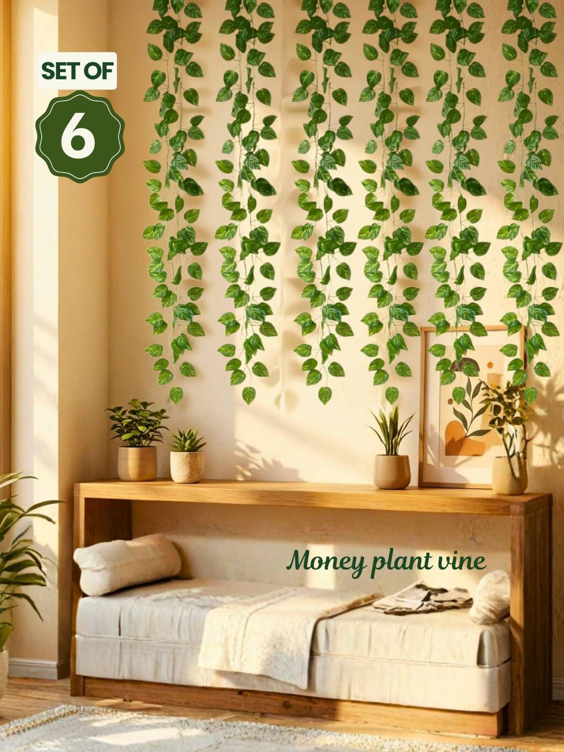 brozzo Artificial Money Plant Vine (Set of 6) Hanging Green Wal