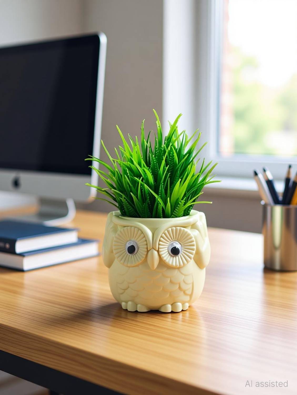 Akaar Artificial Fern Plant with Hard Plastic Owl Pot for Home Decor | Office Decor Artificial Plant  with Pot