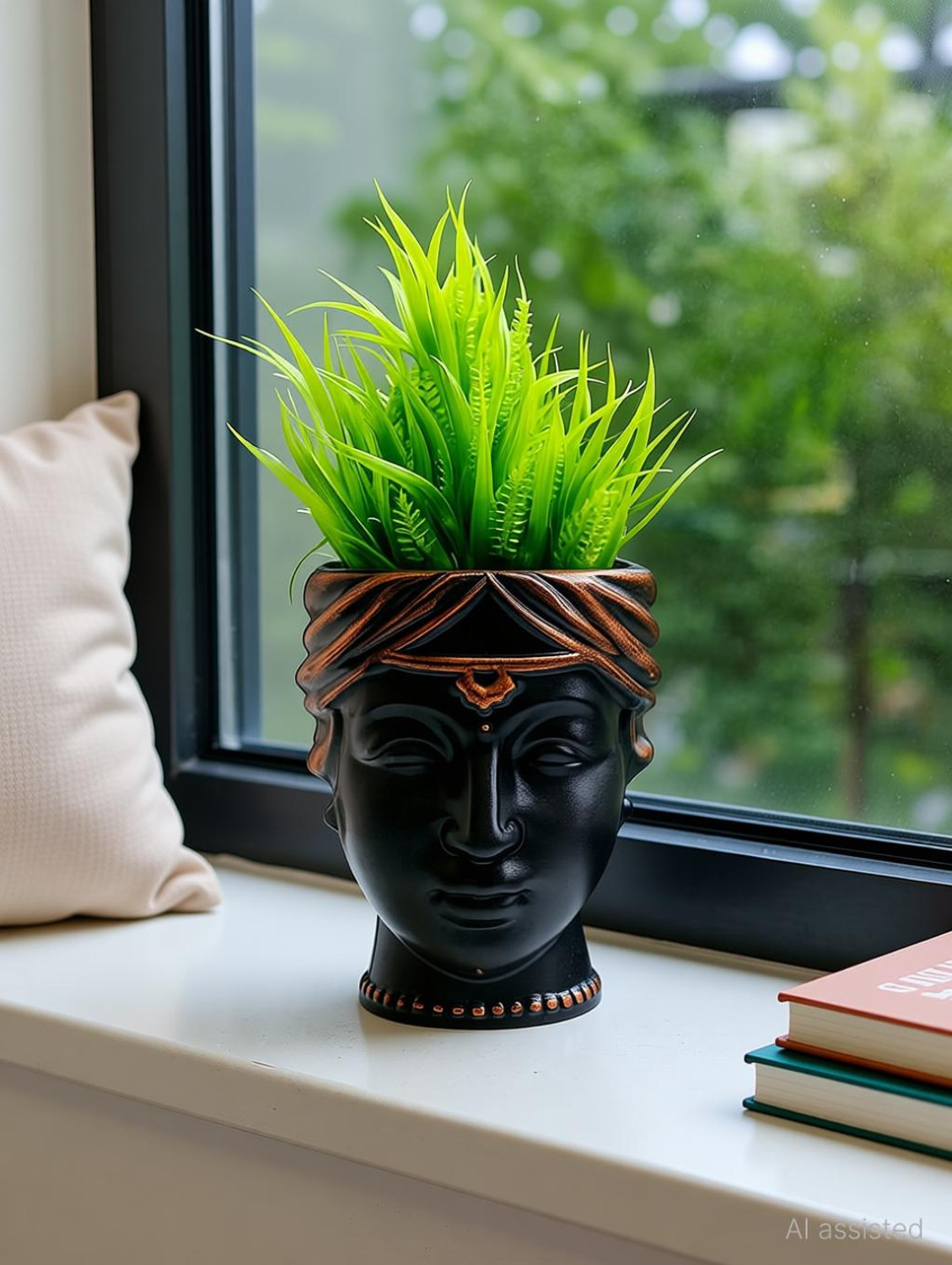 Image of Asharya Stylish Faux Grass Plant with Designer Face Pot for Table & Balcony Home Decor Bonsai Wild Artificial Plant with Pot