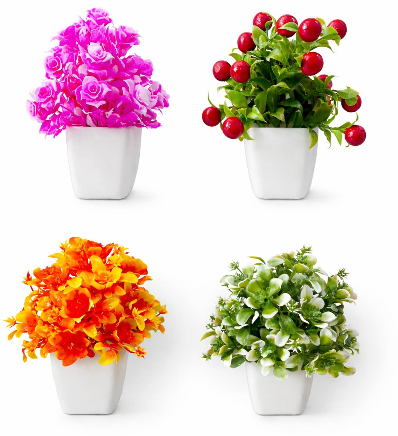 brozzo Bonsai Artificial Plant with Pot (10 cm, Orange, Pink, Gr
