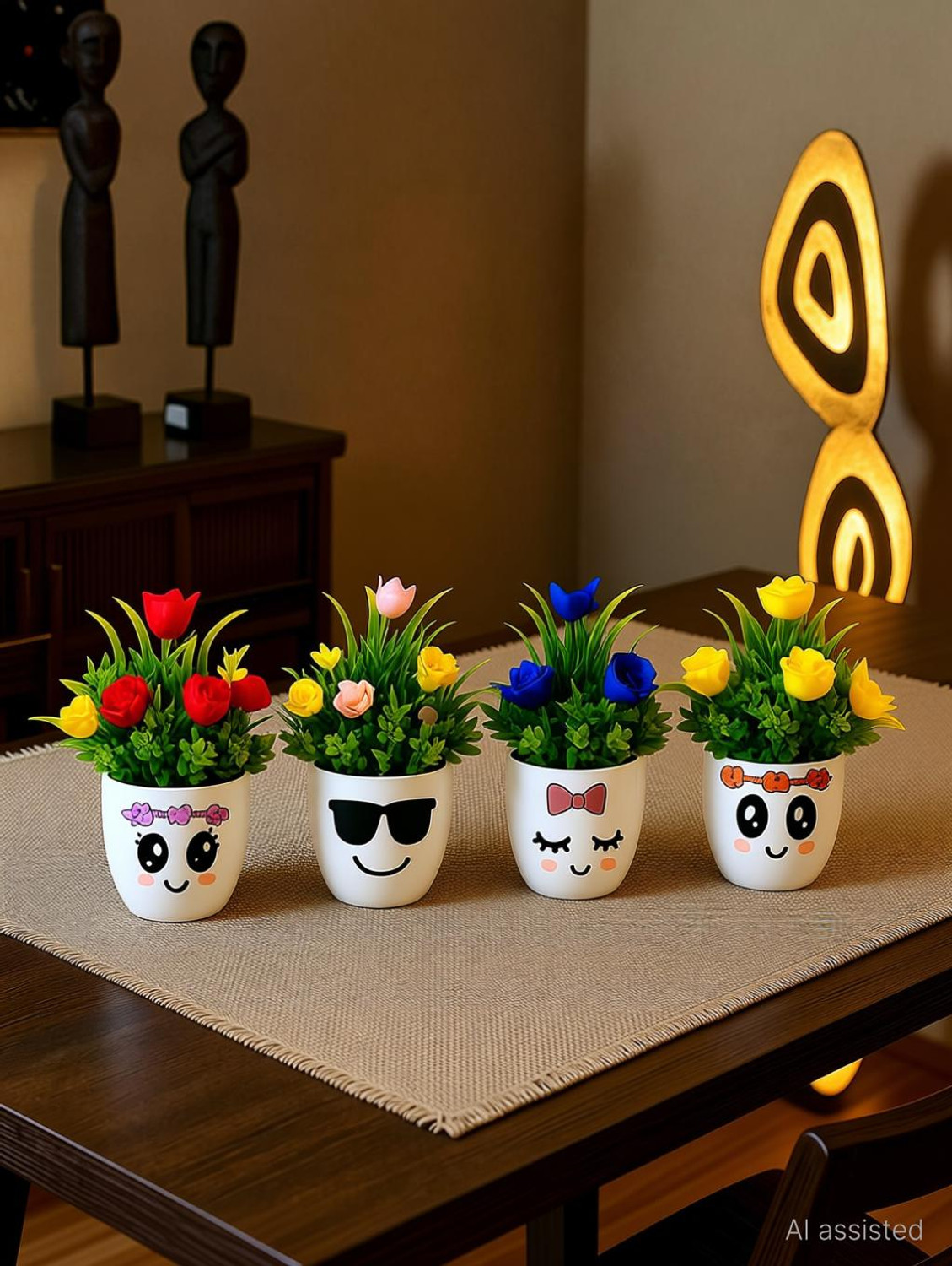 Image of Asharya Set of 4 Mini Succulent Faux Pots & Flowers for Home Decor, Office Table, Gift Bonsai Wild Artificial Plant with Pot