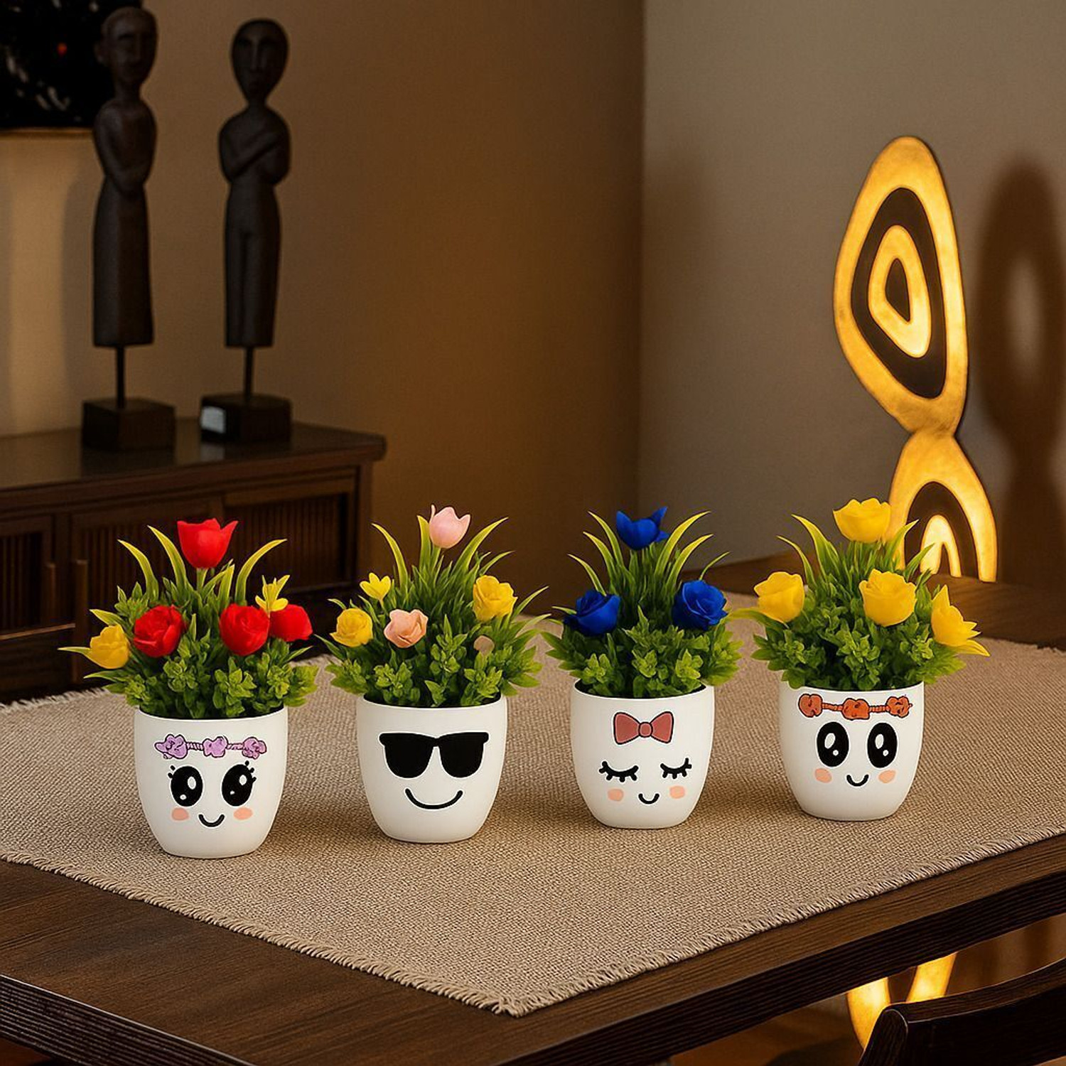 Image of Asharya Set of 4 Mini Succulent Faux Pots & Flowers for Home Decor, Office Table, Gift Bonsai Wild Artificial Plant with Pot