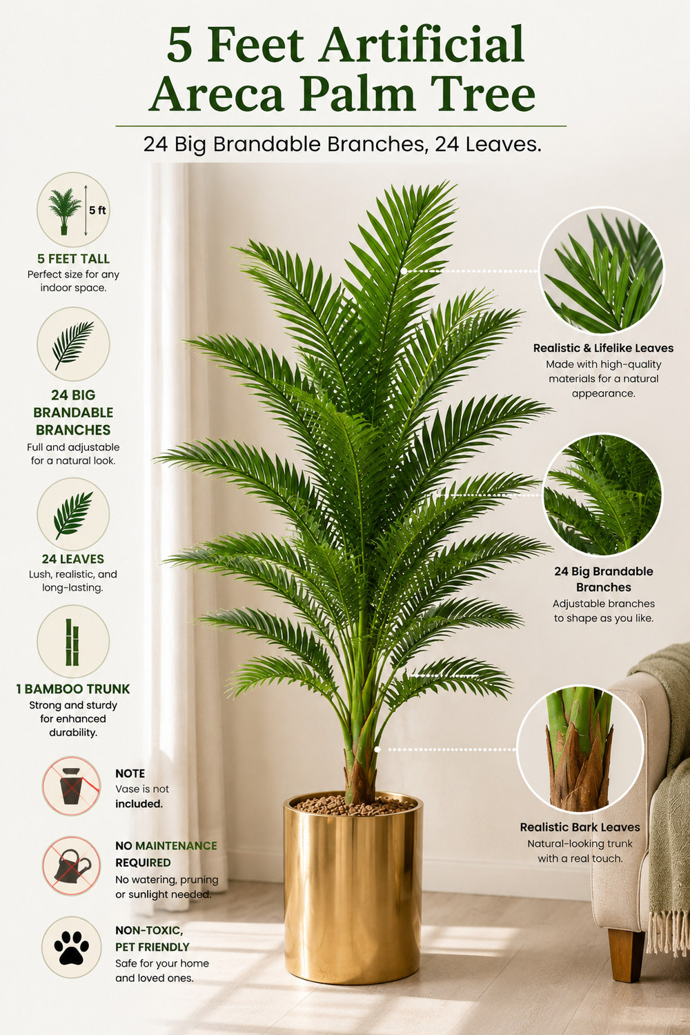 Image of Hyperboles 5 Ft Artificial Palm Tree 24 Branch 1 Trunk Without Vase For Home Decor Artificial Plant