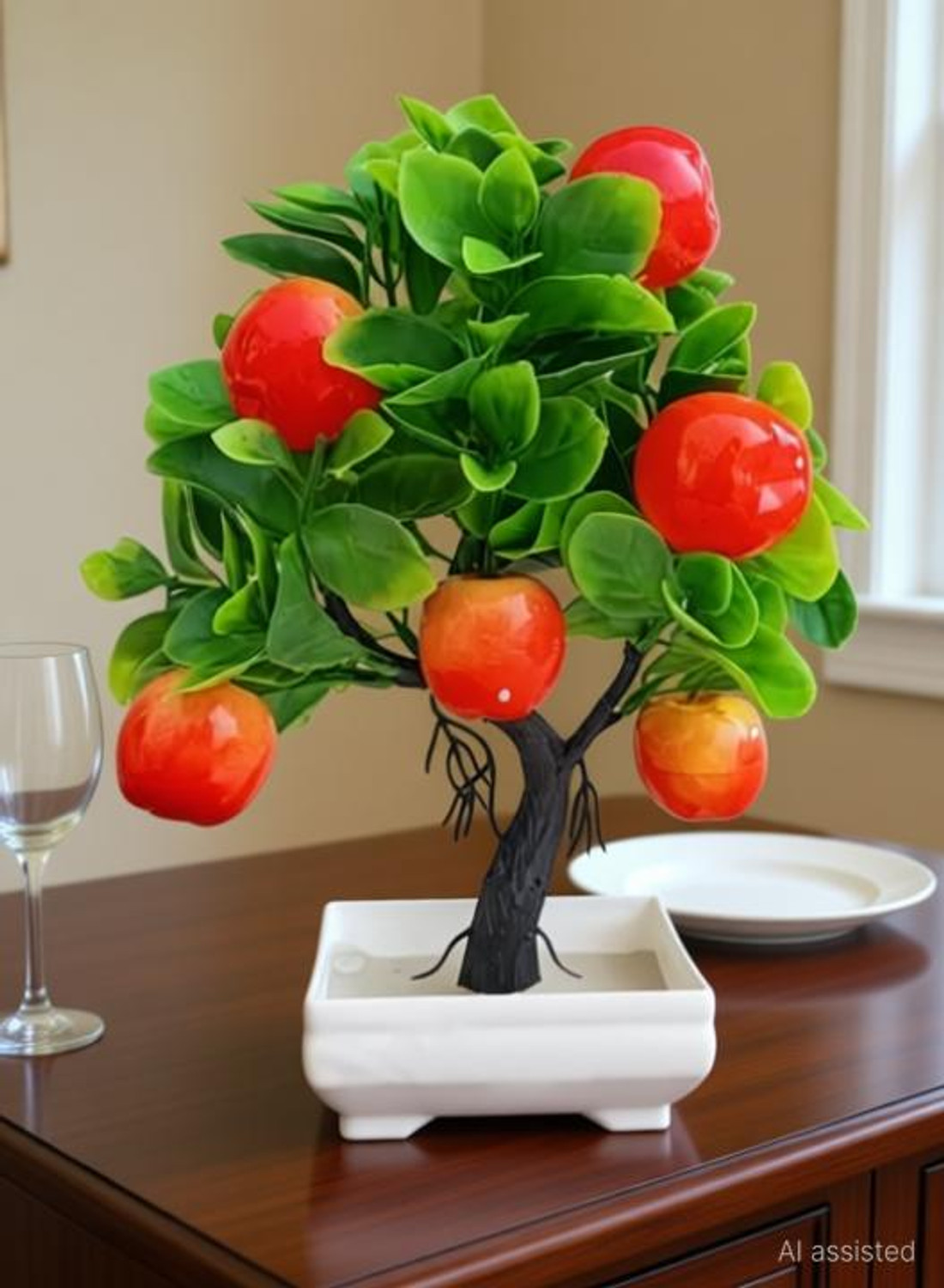 Image of Nimkar's Artificial Apple Plant / Tree Fruit Plants with White Pot for Center Table Bonsai Artificial Plant