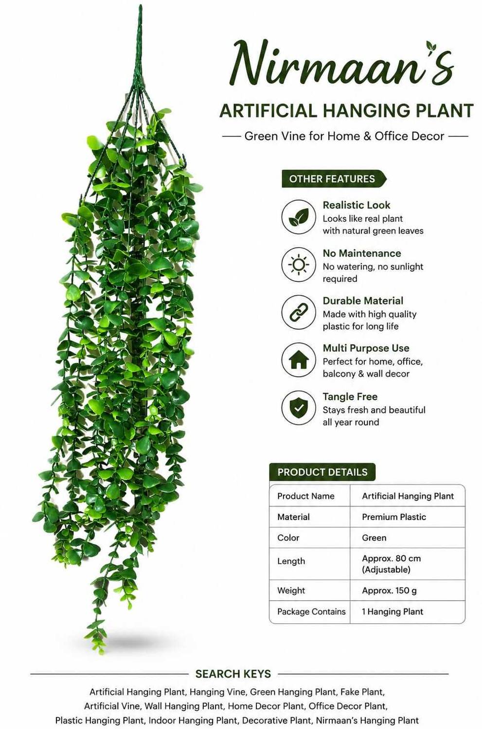 wafagreendecor Bonsai Artificial Plant (70 cm, Green)