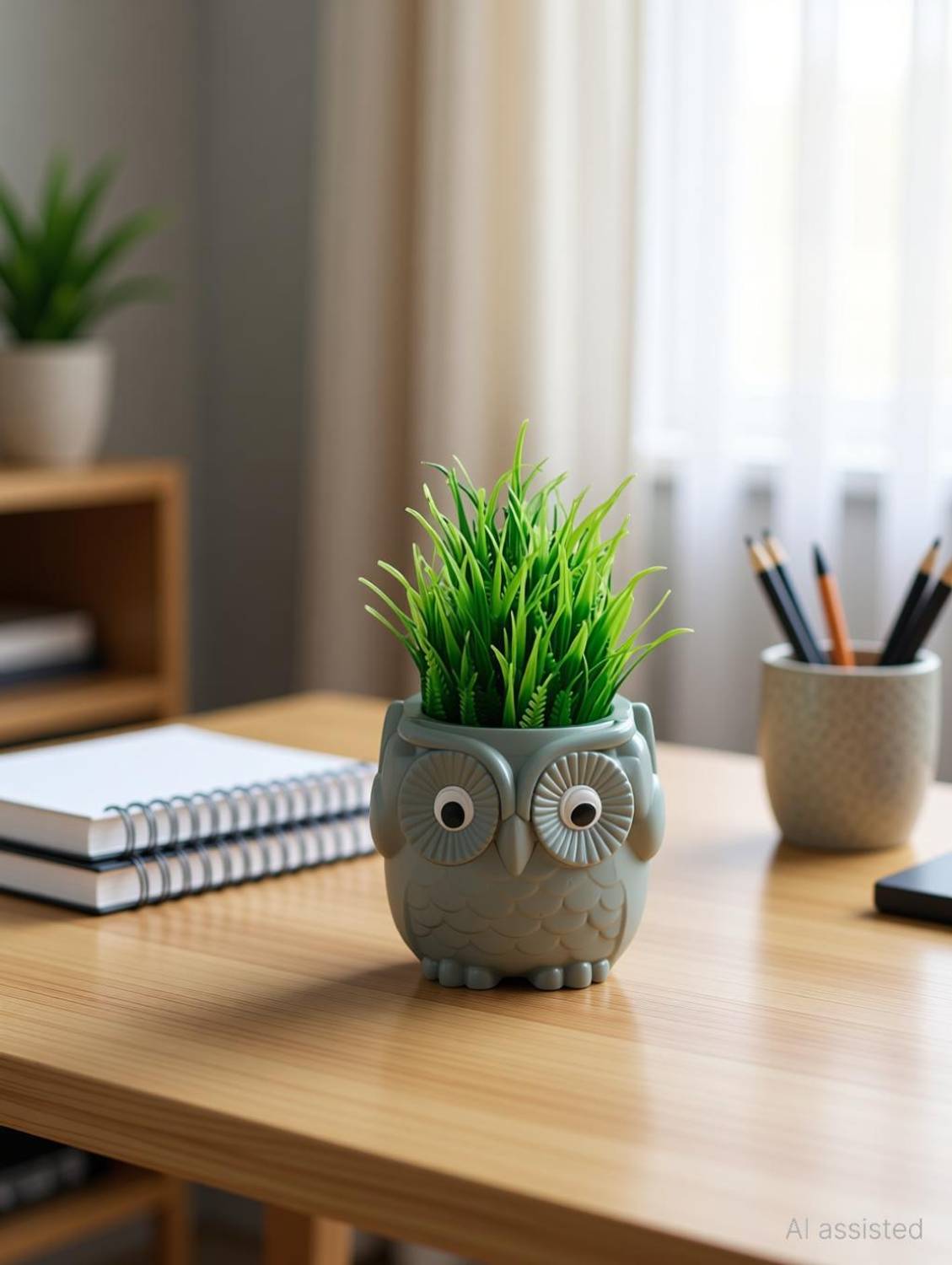 Akaar Artificial Fern Plant with Hard Plastic Owl Pot for Home Decor | Office Decor Artificial Plant  with Pot