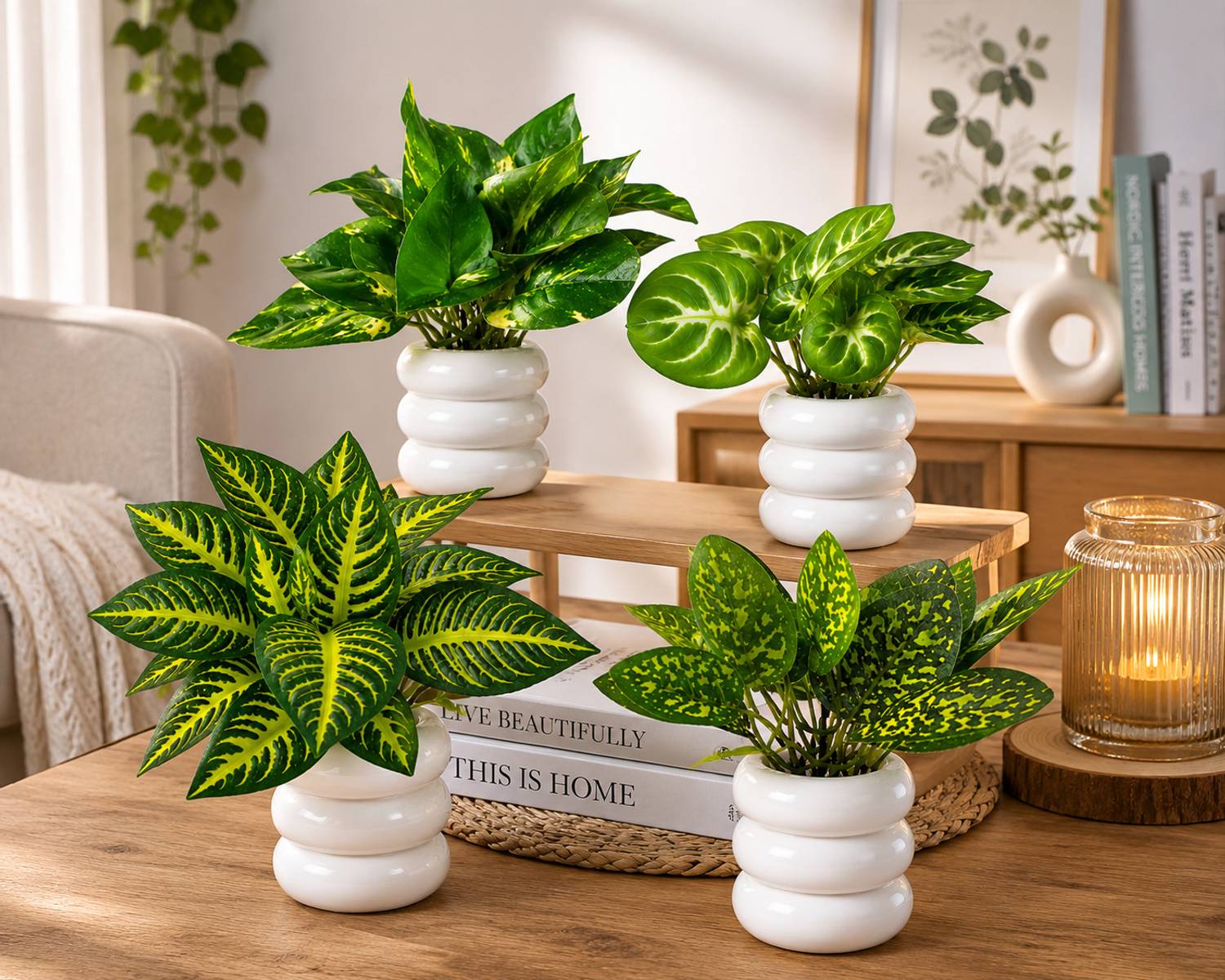 Akp Pack of 4 Artificial Plant With Ring Pot for home Décor Bonsai Wild Artificial Plant with Pot