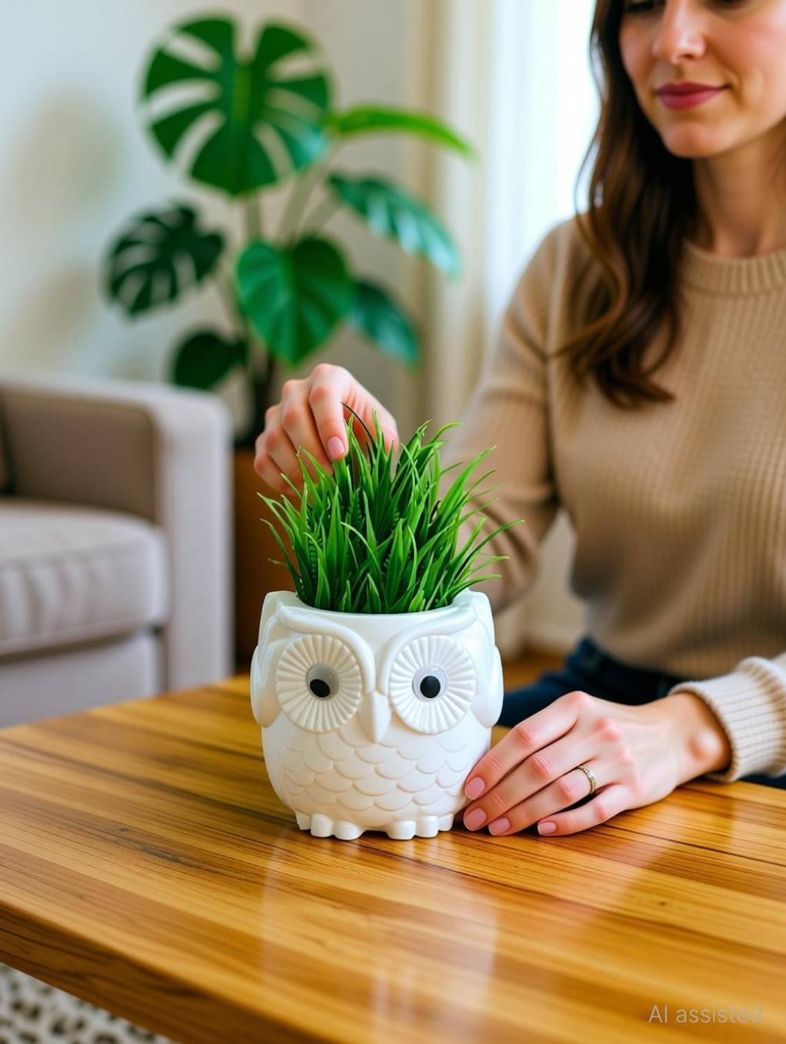 Akaar Artificial Fern Plant with Owl Pot for Home Decor | Office Decor Artificial Plant with Pot