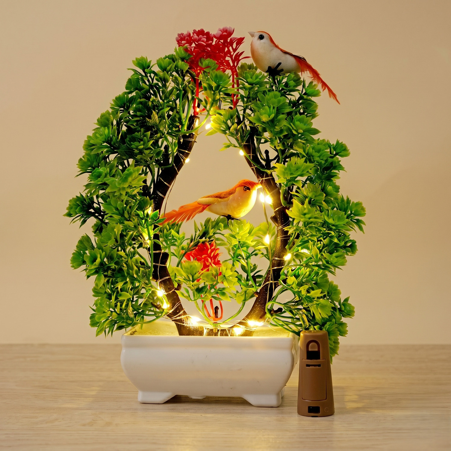 Image of POKA Artificial Flower With Bird & Light for Home, Room, Bedroom, Office & Weddings. Multicolor Wild Flower Artificial Flower with Pot