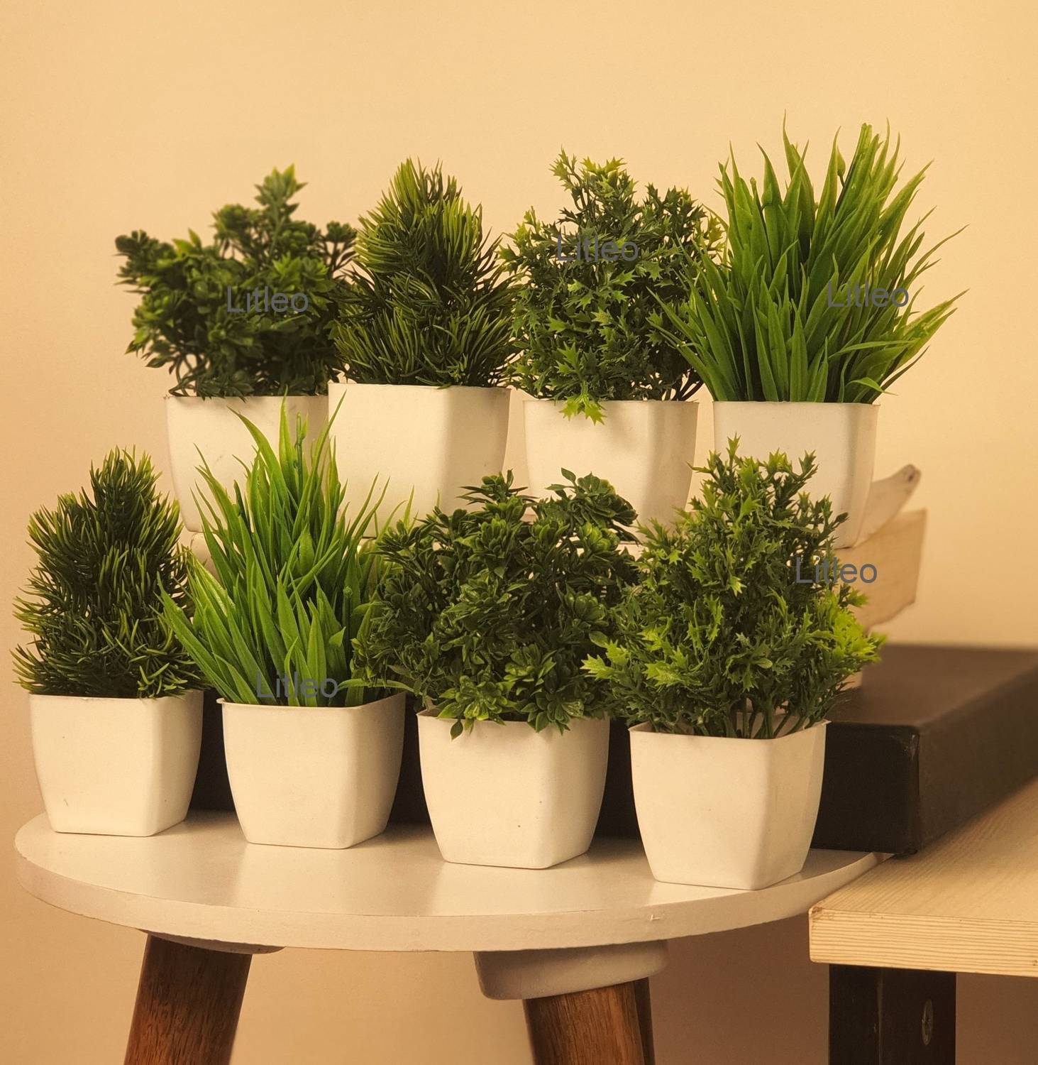 Litleo set of 8 Bonsai Artificial Plant with Pot (14 cm, Green)