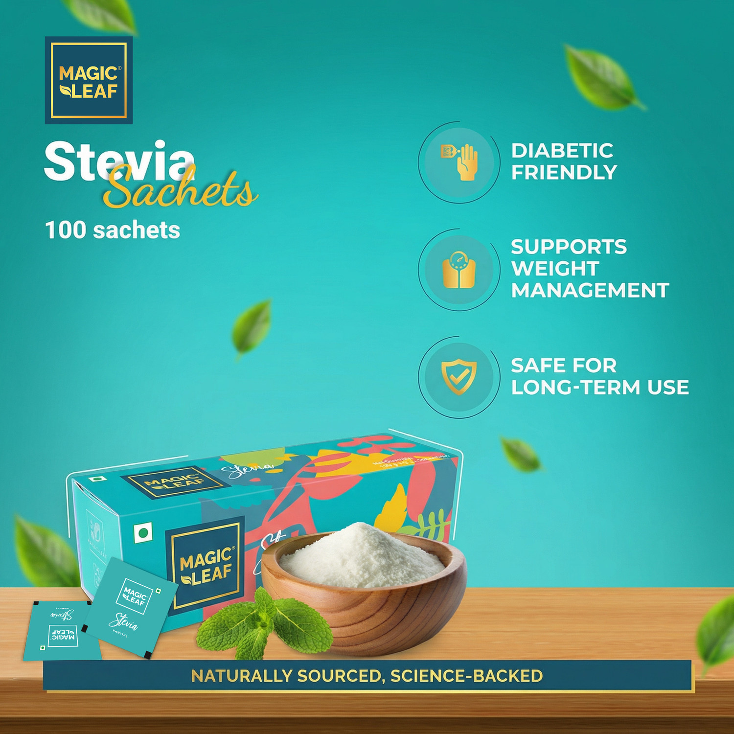 Image of Magic Leaf Stevia Powder Sachets, 100 Units, Zero Calorie, Natural Origin Sugar Free Powder Sweetener