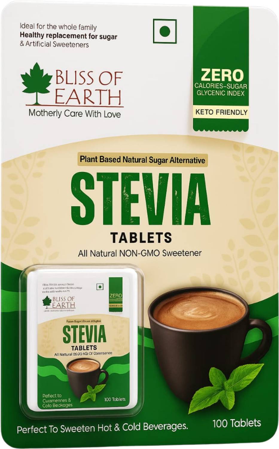 Bliss of Earth 99.8% REB-A Stevia Tablets, Natural & Sugarfree, Zero Calorie Sweetner, Quick Dissolve Pellets Sweetener