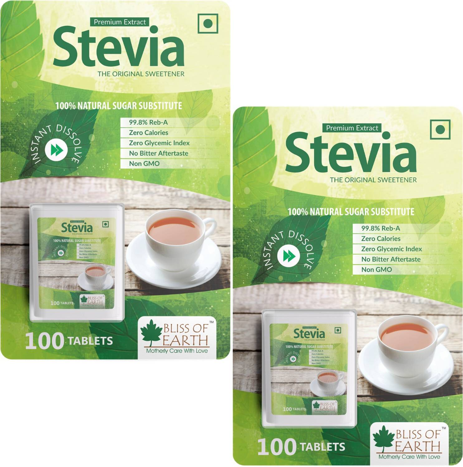 Bliss of Earth 99.8% REB-A Stevia Tablets, 2X100 Tabs, Natural & Sugar free, Zero Calorie Sweetener, Instant Dissolve Pellets Sweetener