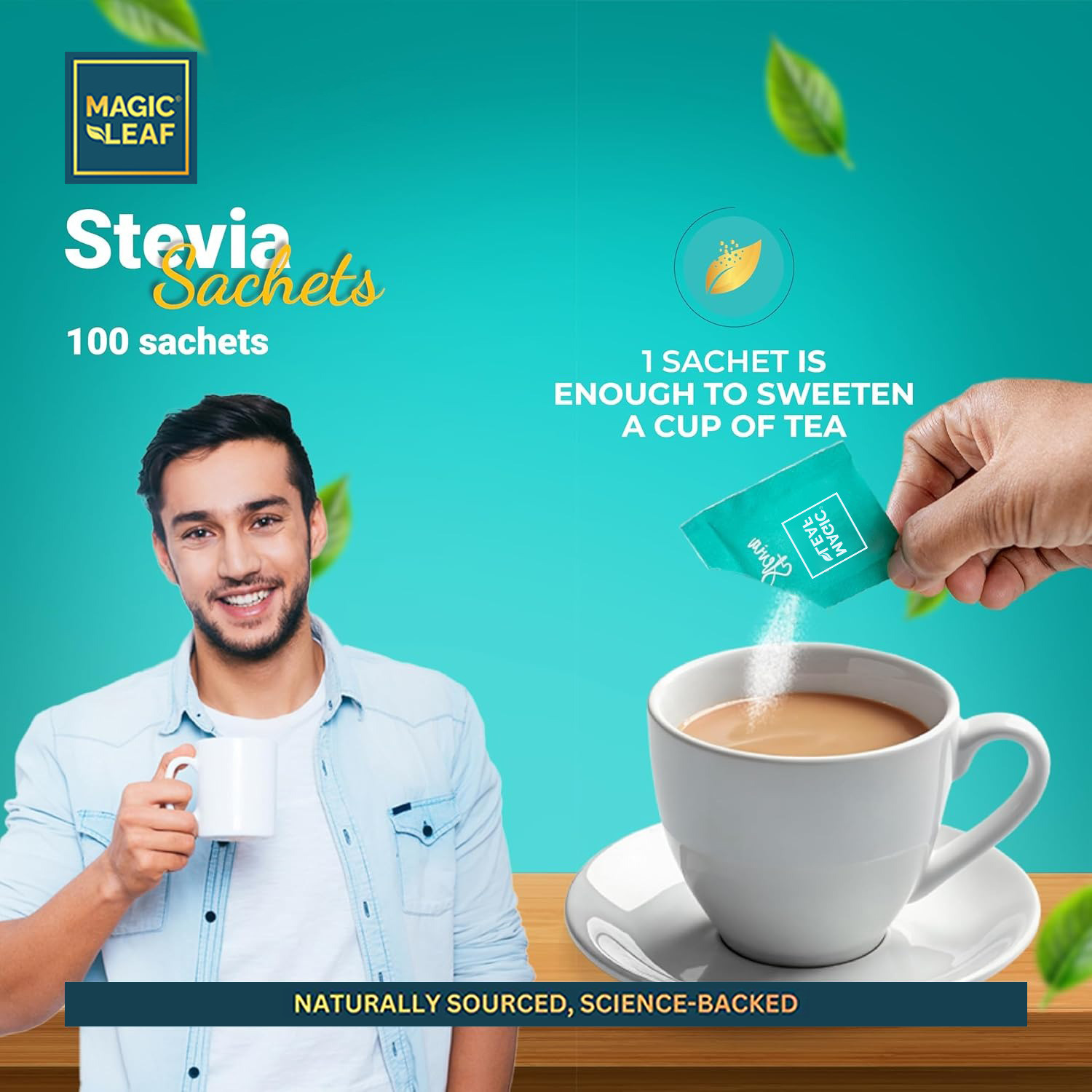 Image of Magic Leaf Stevia Powder Sachets, 100 Units, Zero Calorie, Natural Origin Sugar Free Powder Sweetener