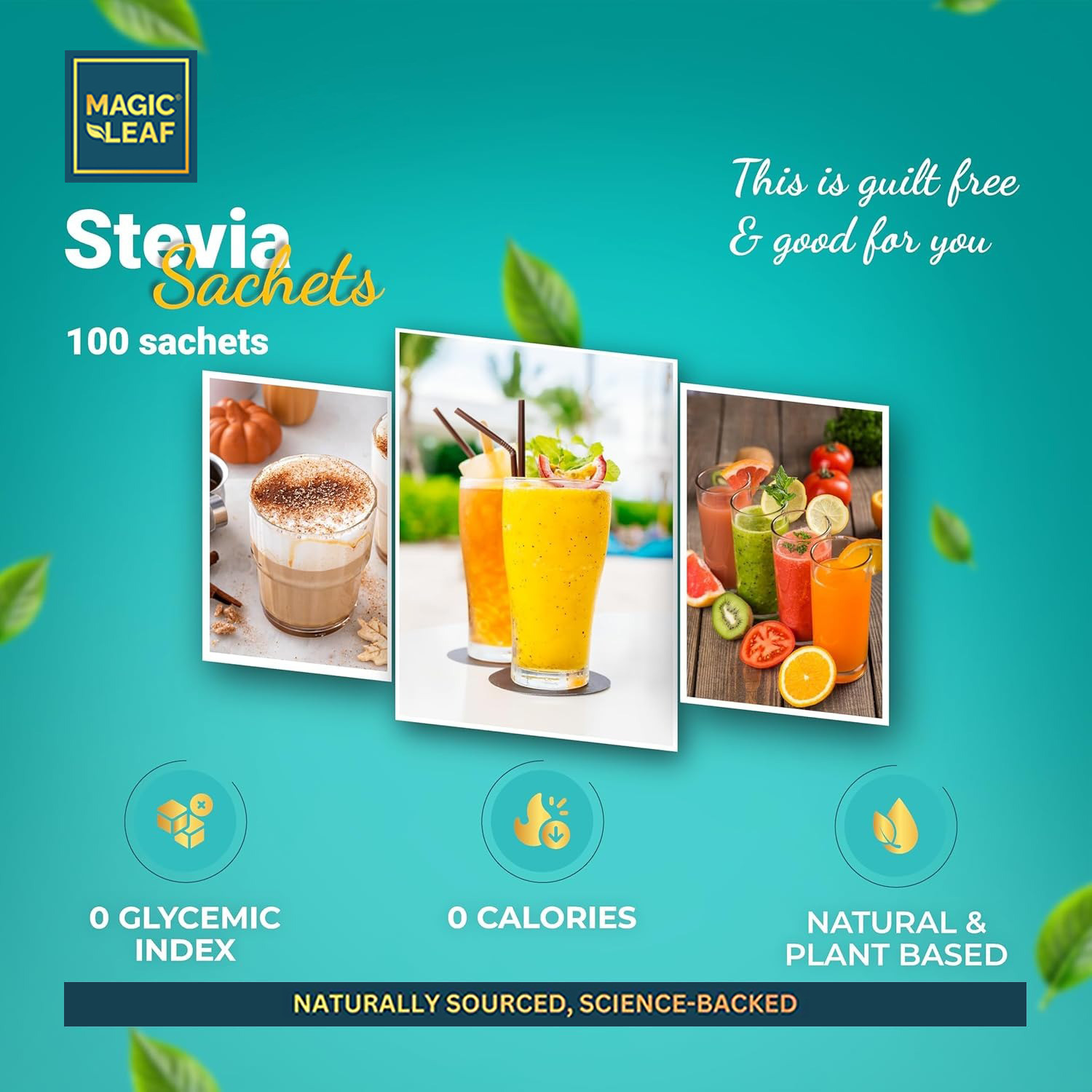Image of Magic Leaf Stevia Powder Sachets, 100 Units, Zero Calorie, Natural Origin Sugar Free Powder Sweetener