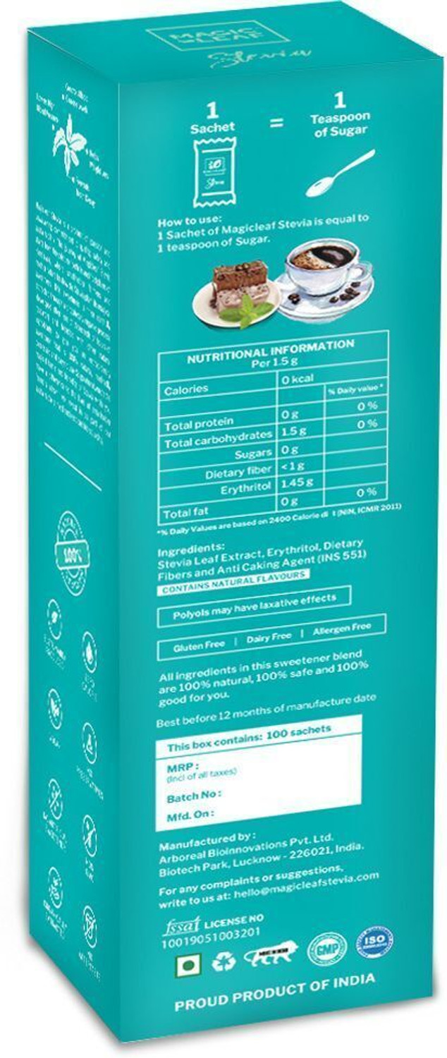 Image of Magic Leaf Stevia Powder Sachets, 100 Units, Zero Calorie, Natural Origin Sugar Free Powder Sweetener