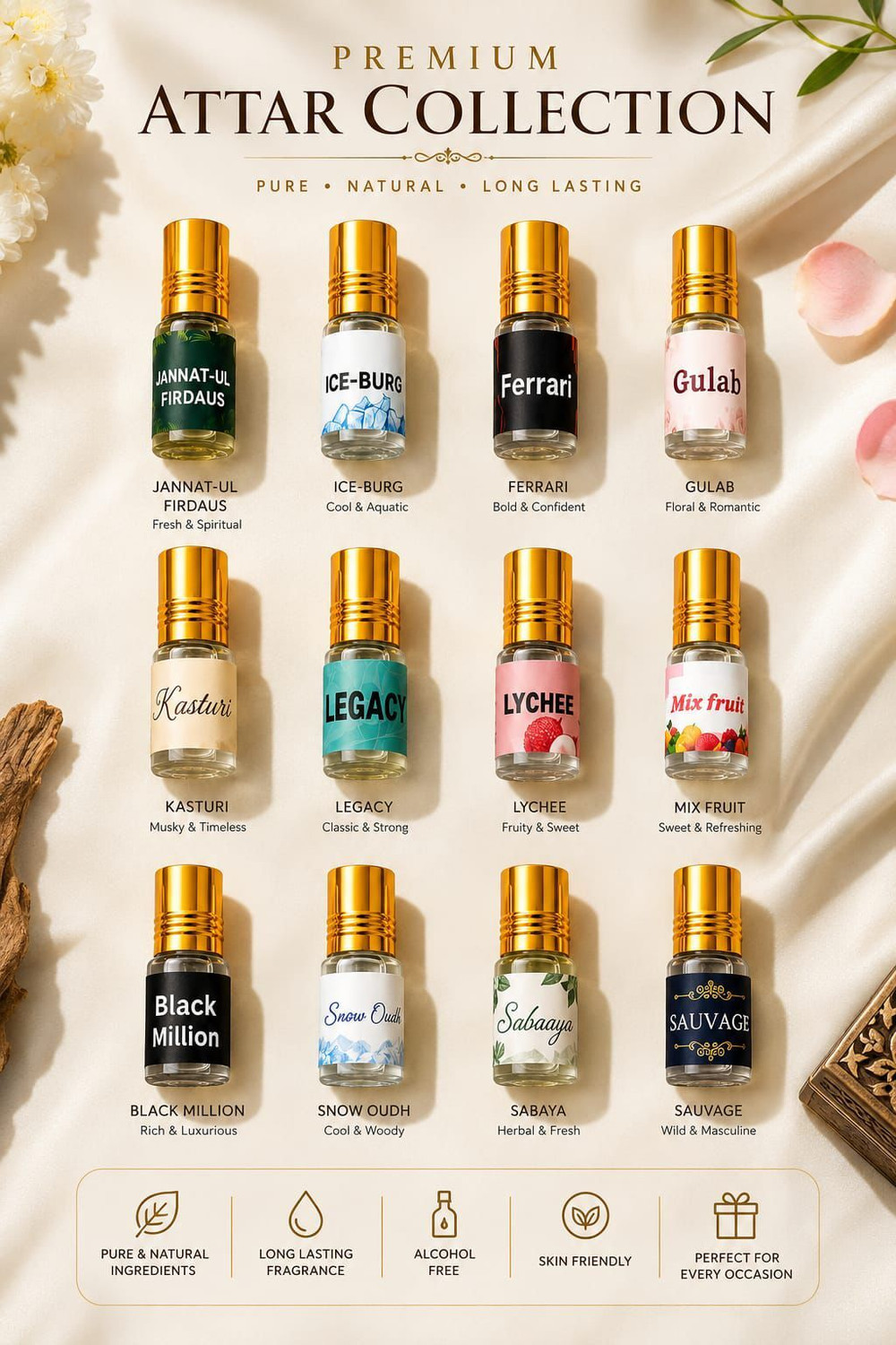 Image of THE PEARLS STUDIO 12 in 1 Premium Attar Combo Pack Long Lasting Alcohol Free Perfume Floral Attar