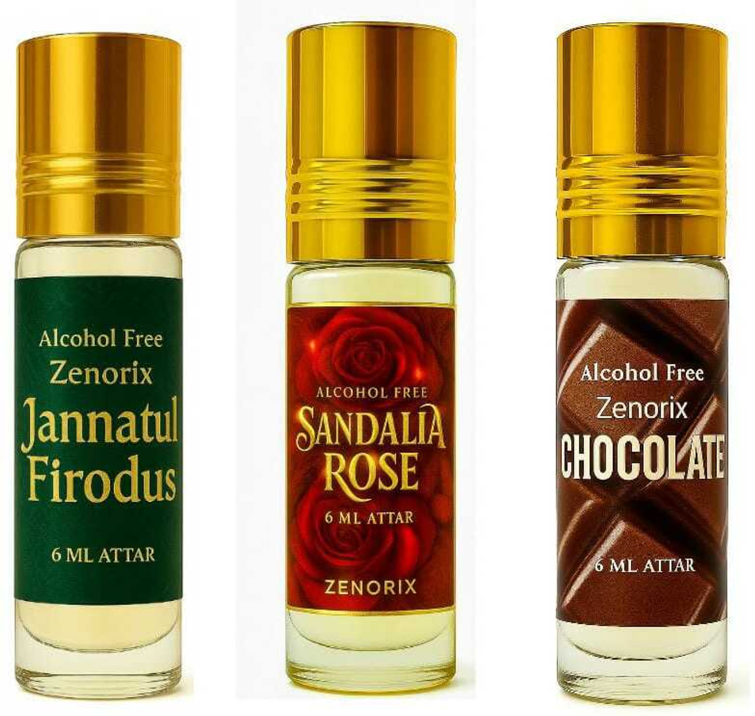 Image of Zenorix Chocolate, Sandalia Rose And Jannatul Attar Perfume | Alcohol Free Ittra Floral Attar