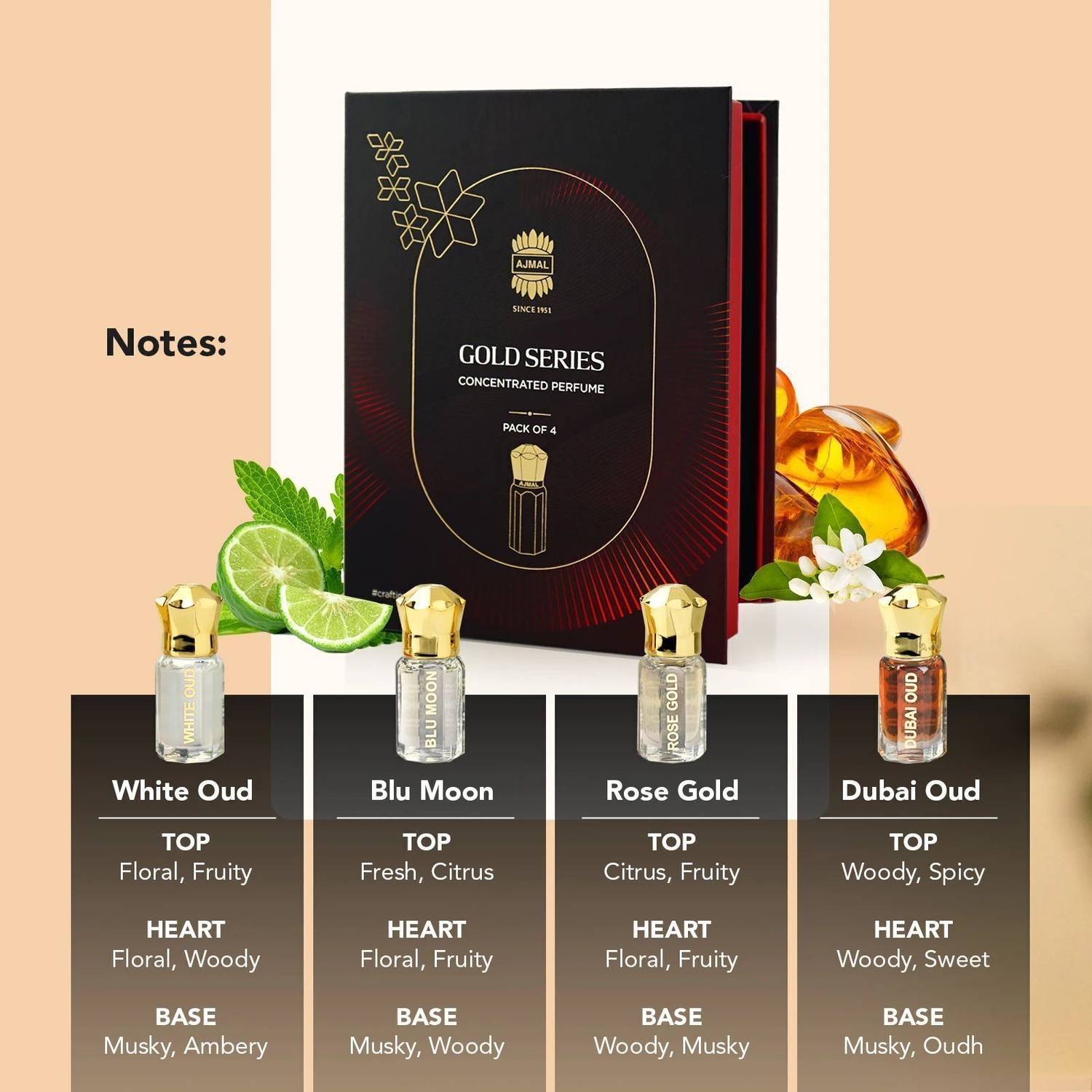 Ajmal Gold Series Unisex Attar Perfume Gift Set, Pack of 4 - Image 3