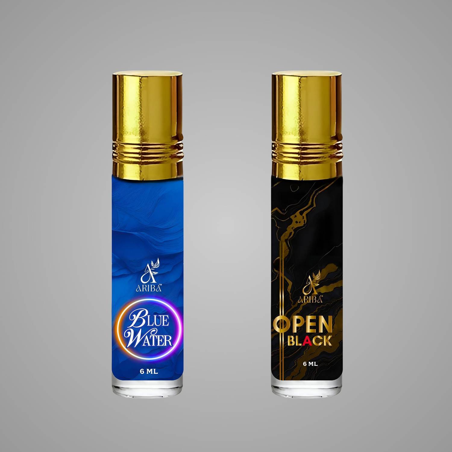 Ariba Blue Water & Open Black Pack 2 For Men & Women, No Alcohol, Long-Lasting Floral Attar
