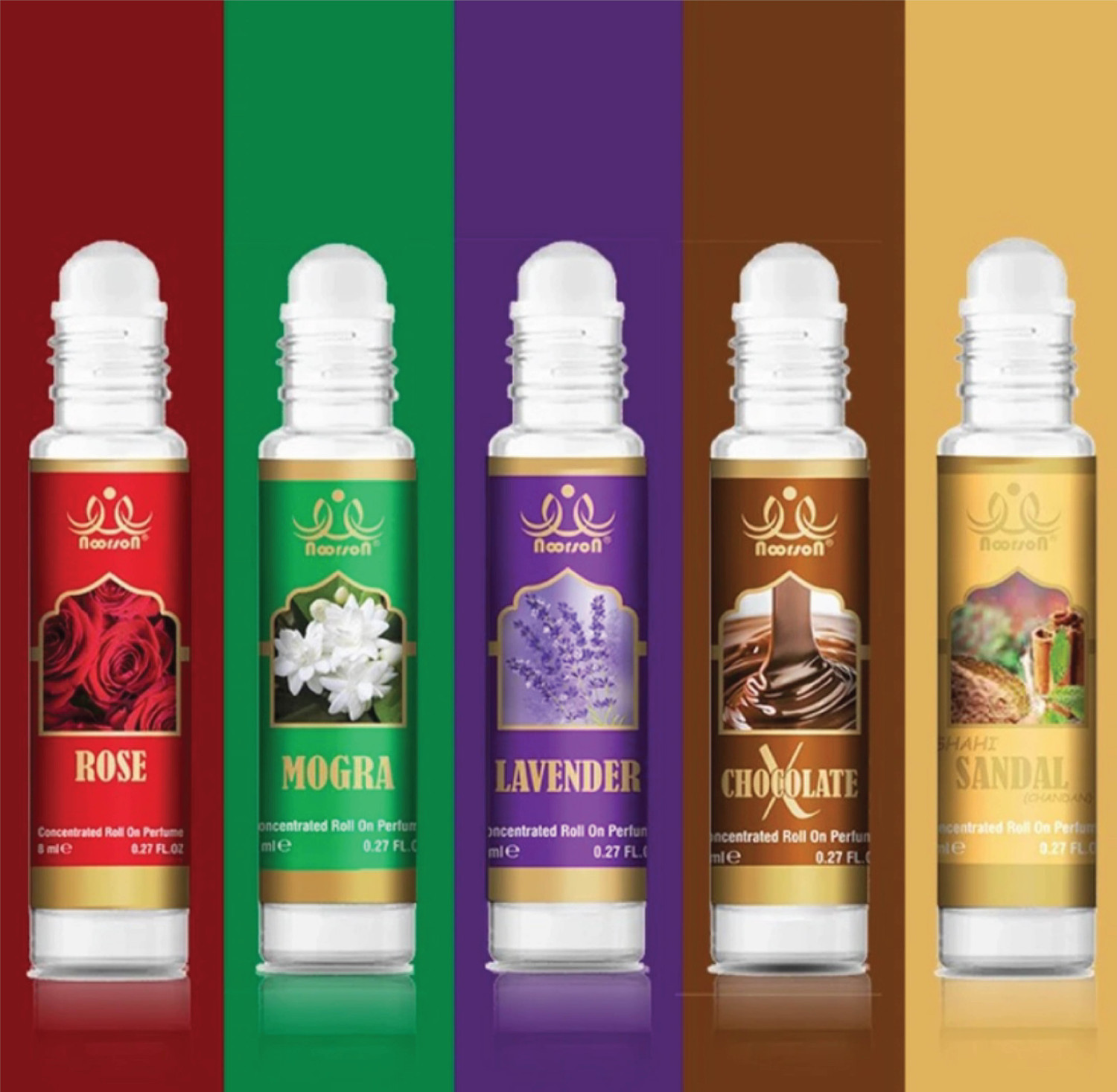 Image of Noorson Rose Mogra Lavender X Chocolate Shahi Sandal Premium Quality Attar PACK OF 5 Herbal Attar