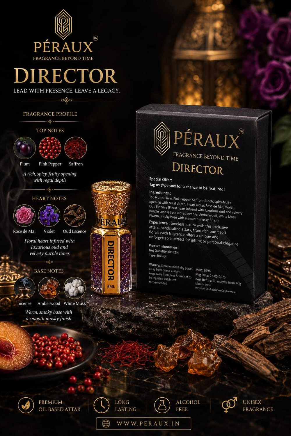 Image of PERAUX PERAUX Director Attar - 6ml | Alcohol Free | Long Lasting | Unisex Herbal Attar