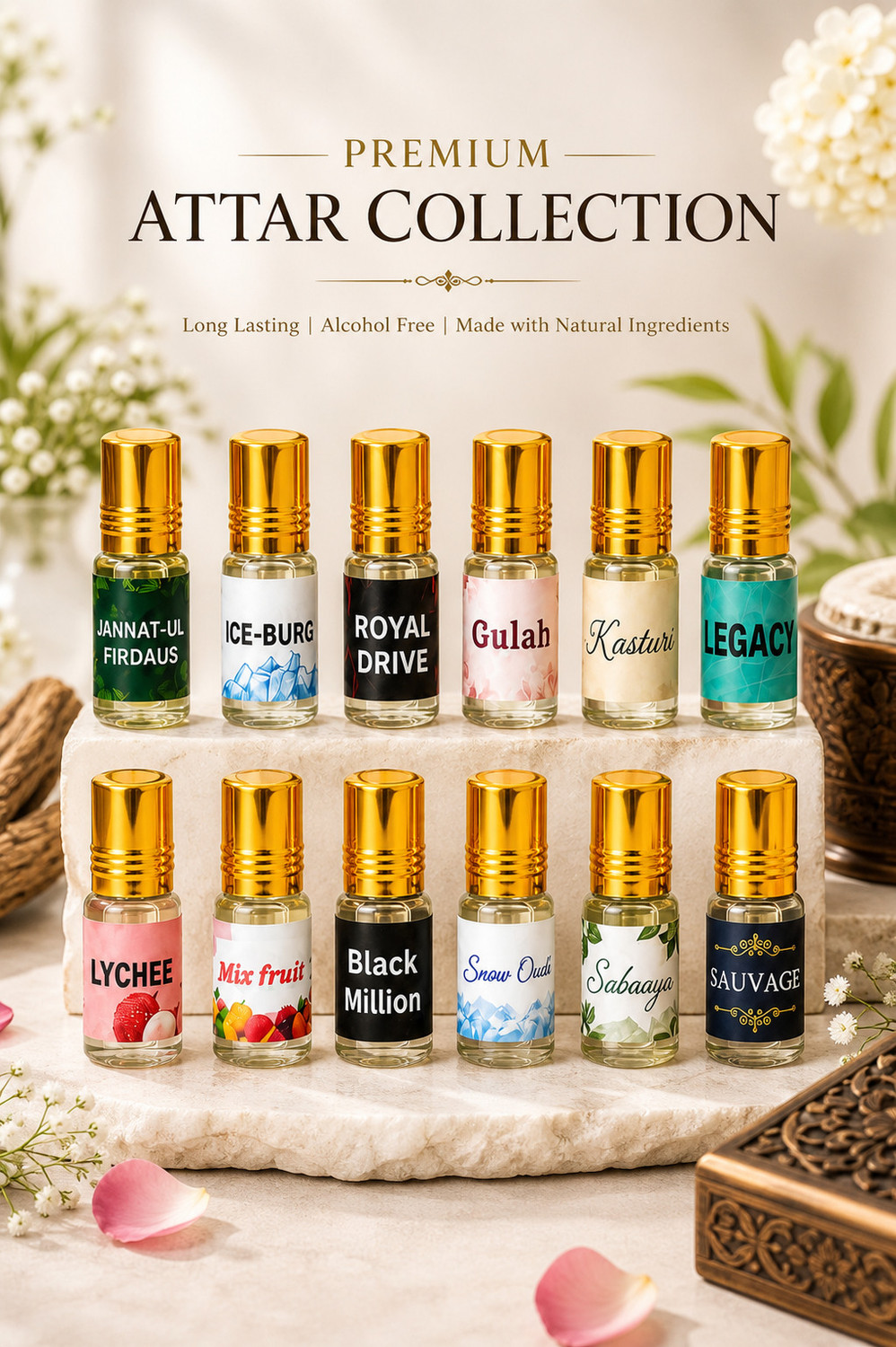 Image of THE PEARLS STUDIO 12 in 1 Premium Attar Combo Pack Long Lasting Alcohol Free Perfume Floral Attar (Citrus, Floral, Fruity, Jannat ul Firdaus, Kasturi, Oud (agarwood), Sandalwood)