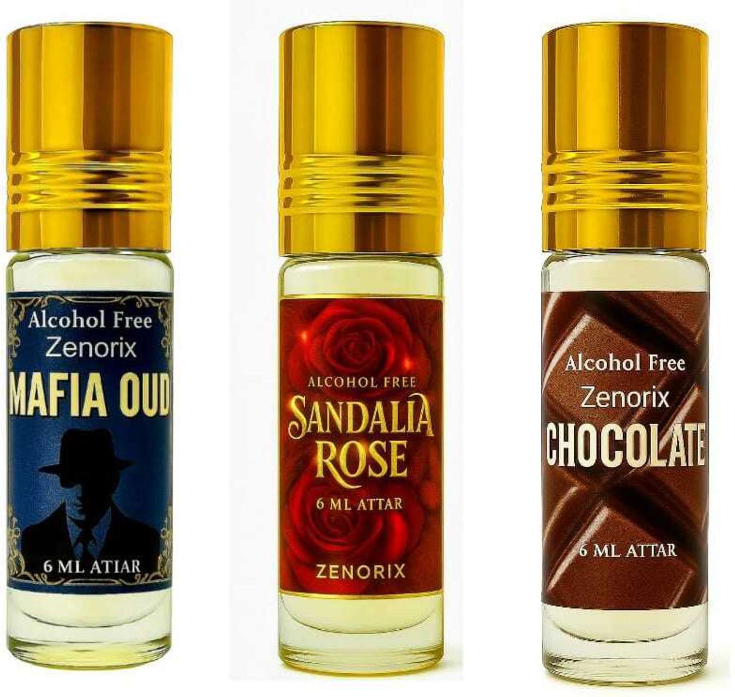Image of Zenorix Chocolate, Sandalia Rose And Mafia Oud Long Lasting Attar Perfume Oil Floral Attar