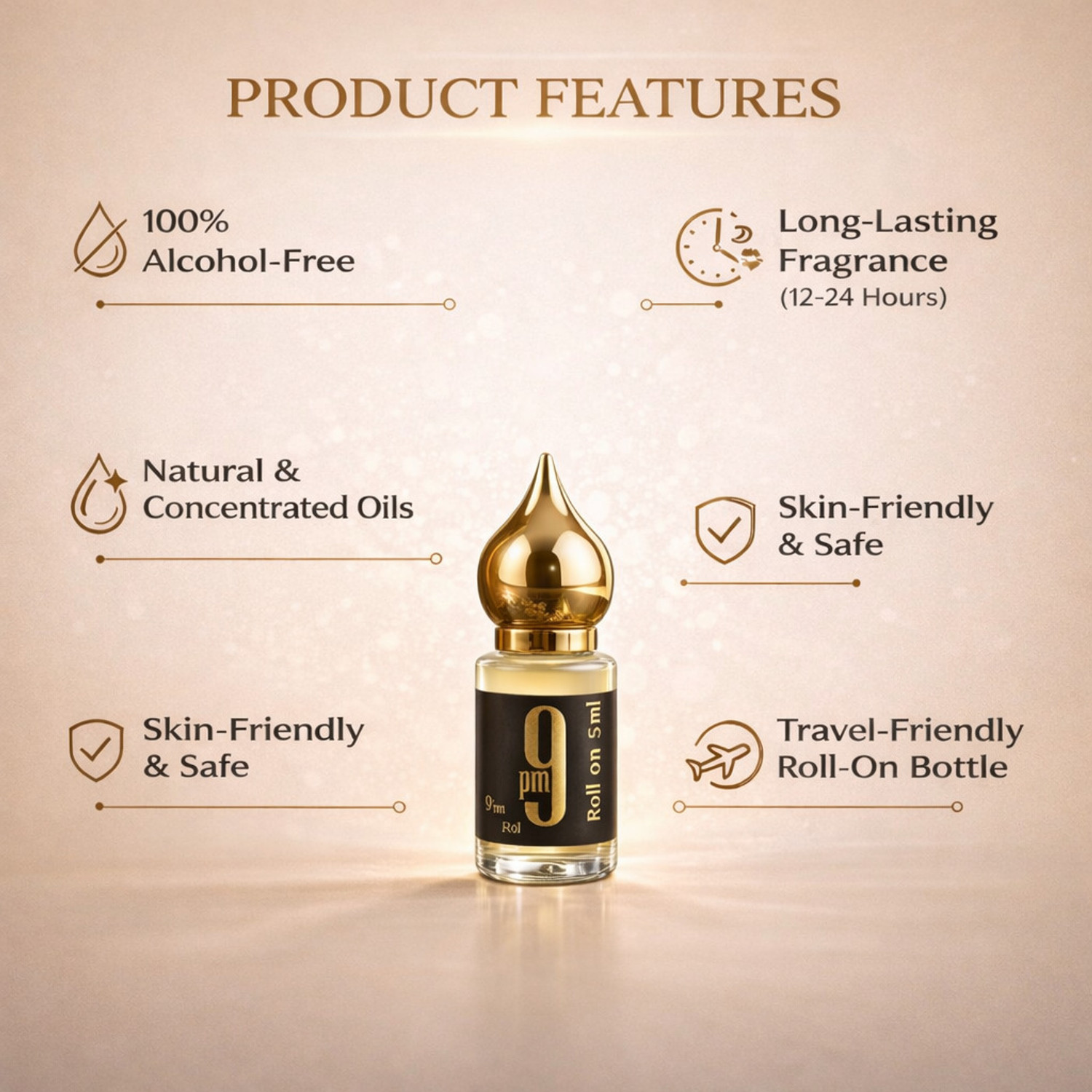Image of Icon Perfumes 9 PM Roll On Attar 5 ml | Long Lasting Perfume Oil for Men & Women Floral Attar