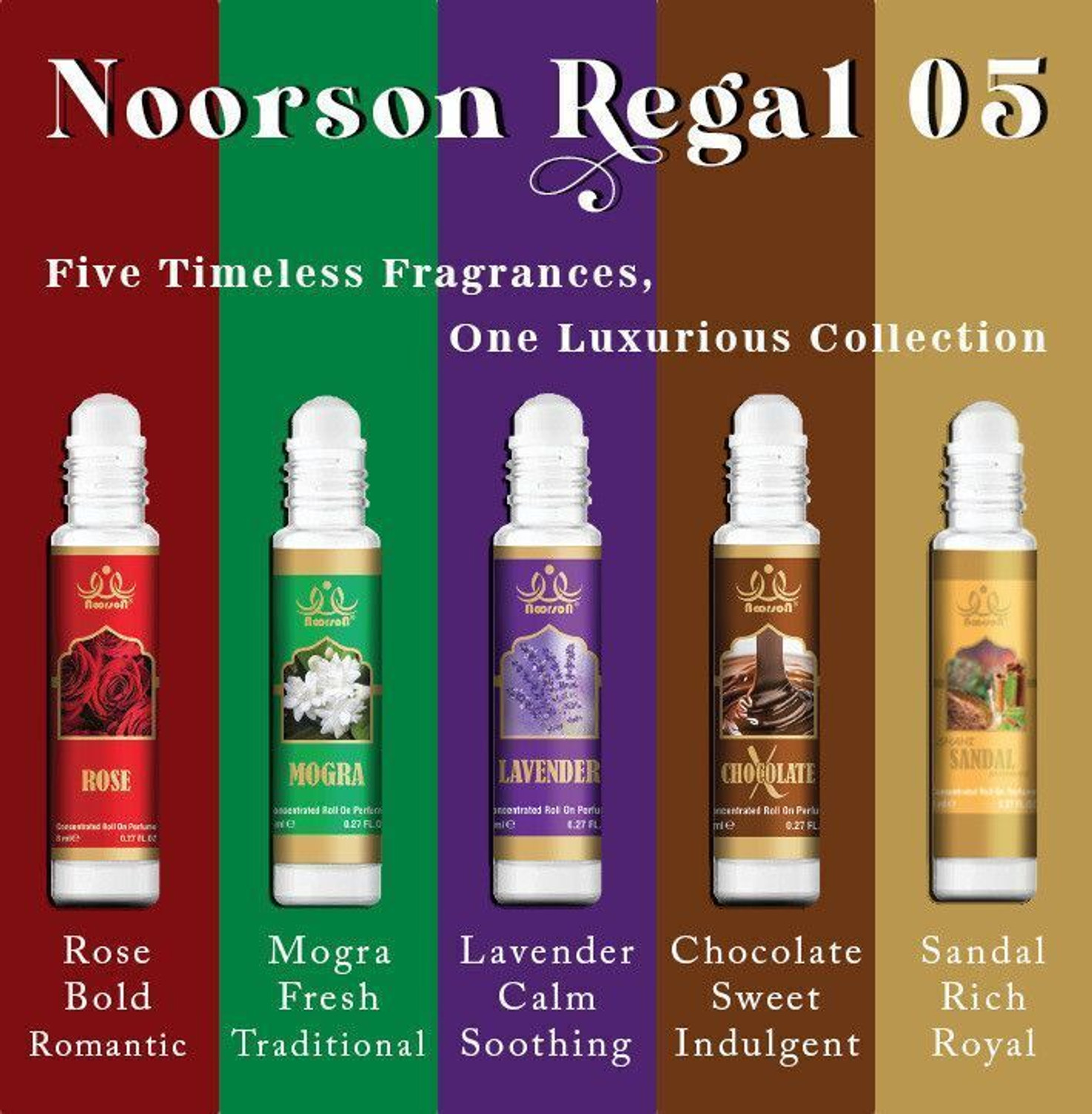 Image of Noorson Rose Mogra Lavender X Chocolate Shahi Sandal Premium Quality Attar PACK OF 5 Herbal Attar