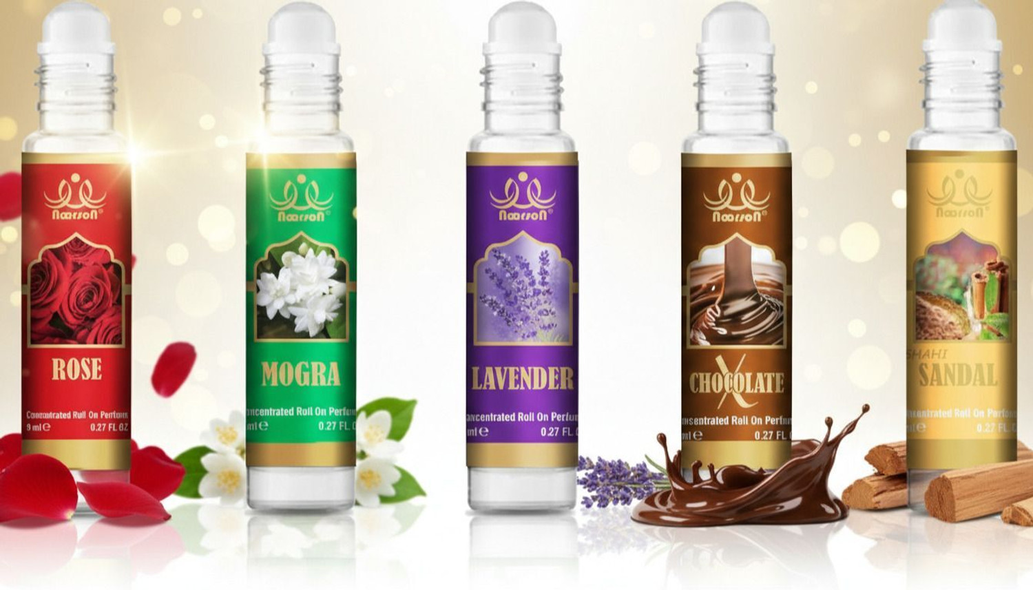 Image of Noorson Rose Mogra Lavender X Chocolate Shahi Sandal Premium Quality Attar PACK OF 5 Herbal Attar