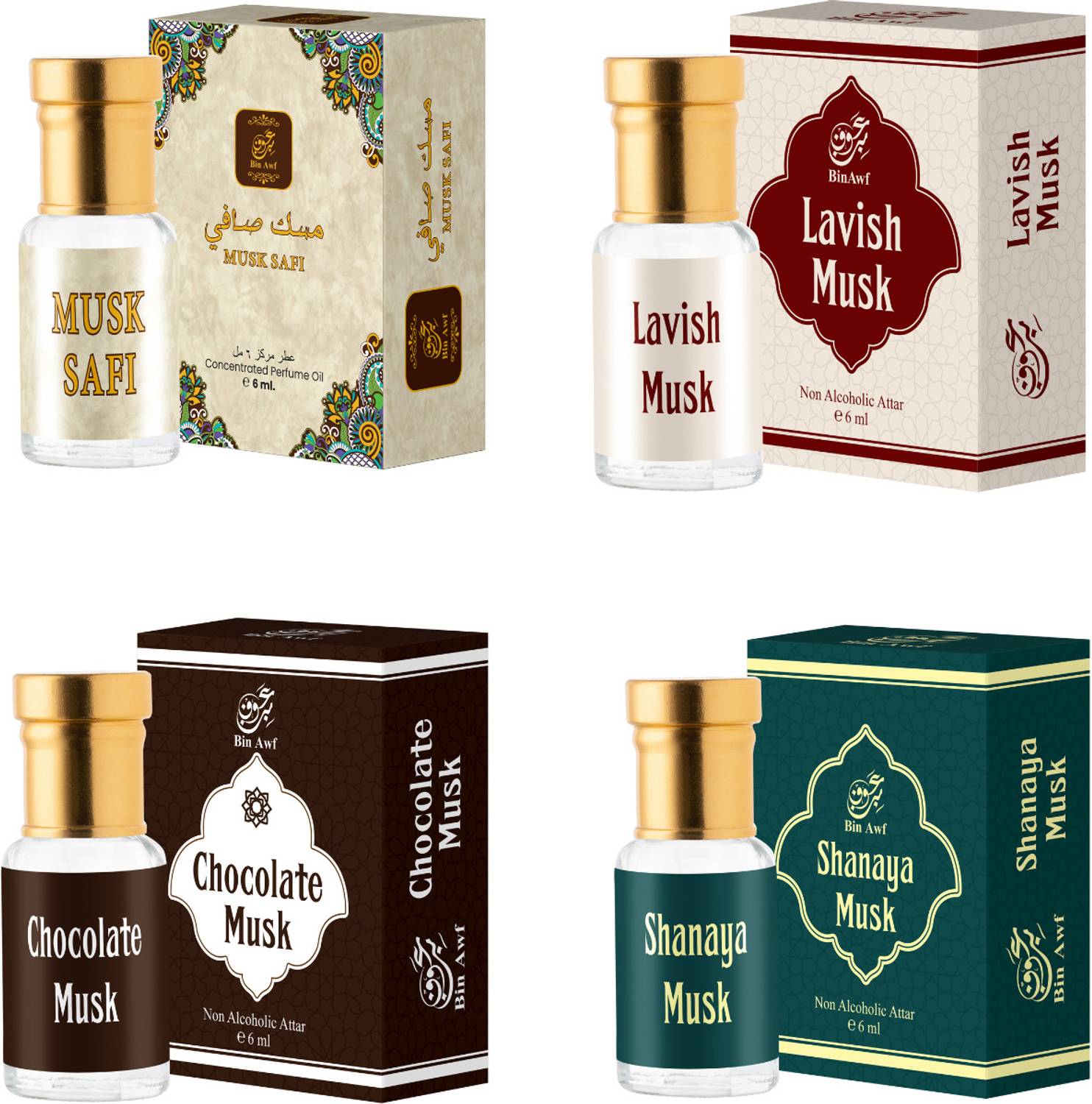 Binawf Musk Gift set combo, Non-Alcoholic, Unisex Roll-on gift Set of 4 x 6 ML each Floral Attar