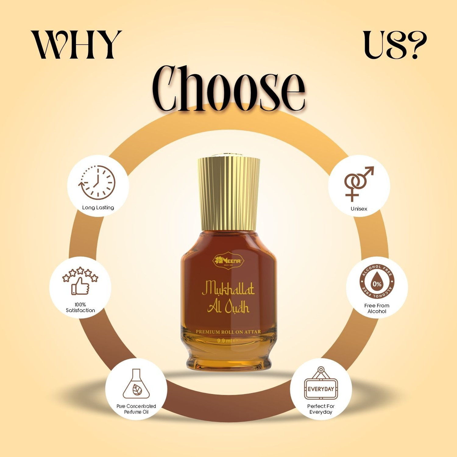 Image of MEENA Mukhallat Al Oudh Roll on Attar 9.9ML, Alcohol Free, Long Lasting Fragrance Herbal Attar
