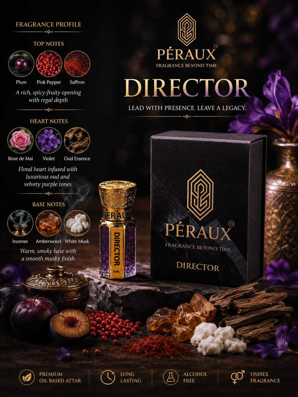 Image of PERAUX PERAUX Director Attar - 6ml | Alcohol Free | Long Lasting | Unisex Herbal Attar