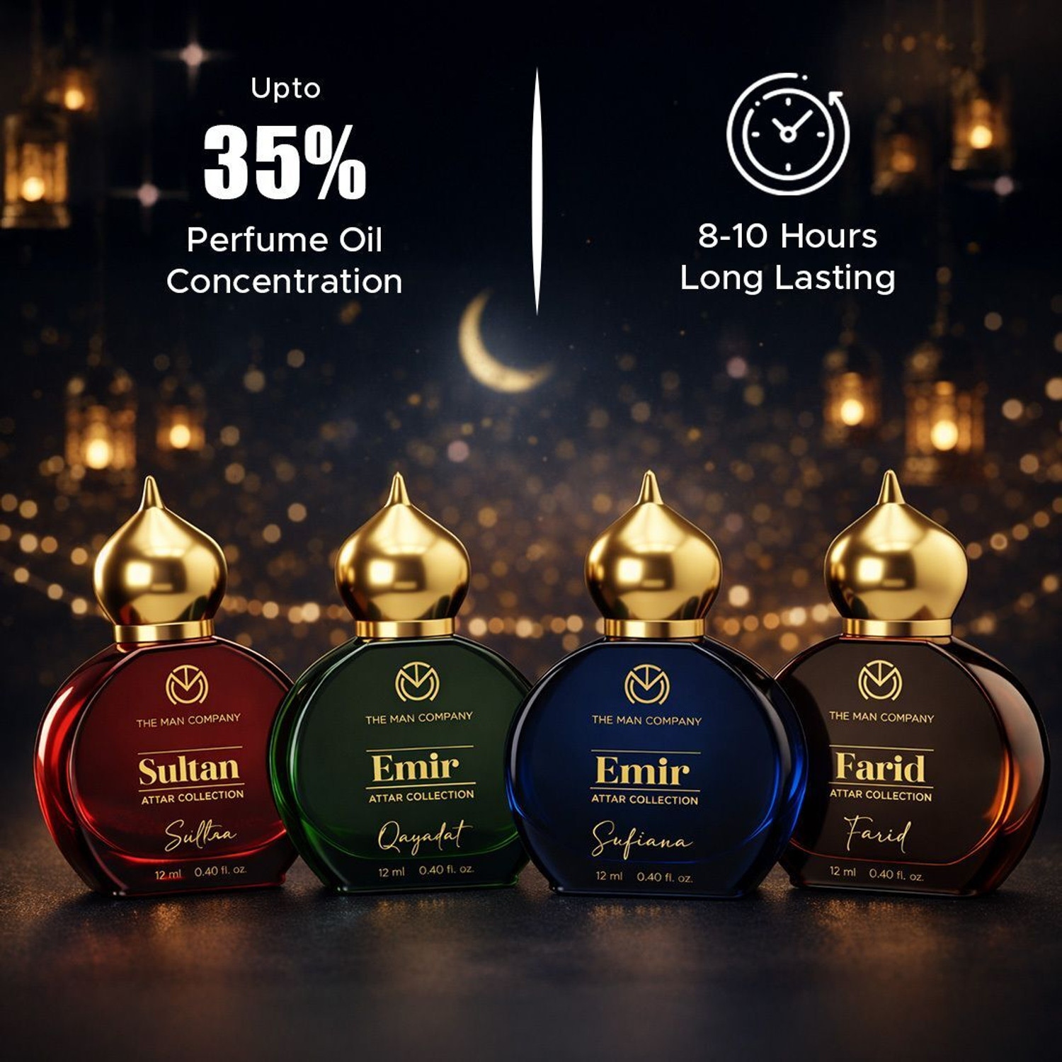 Image of THE MAN COMPANY Attar Gift SetFarid, Sufiana, Sultan & QayadatPremiumAlcohol-FreeUnisex(4x12ml) Floral Attar