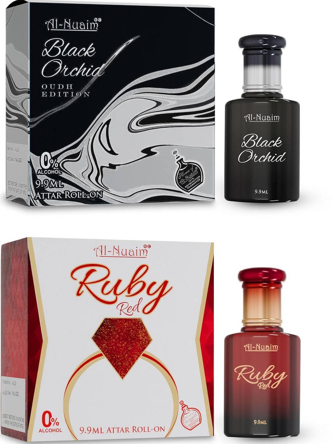 Al-Nuaim Black Orchid & Ruby Red Attar - Pack of 2 (9.9ml Each) Floral Attar