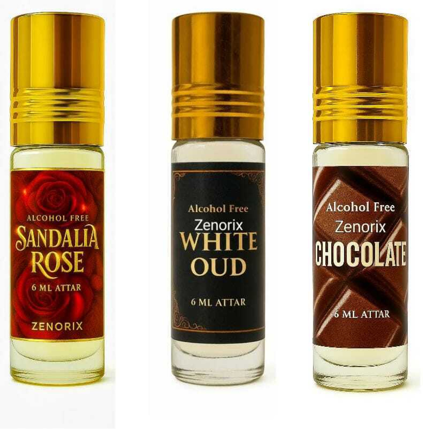Image of Zenorix Chocolate, White Oud And Sandalia Rose Attar Perfume Oil for Men & Women Floral Attar