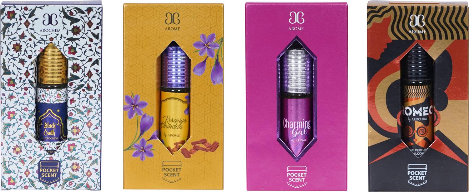 AROCHEM COMBO Of BLACK OUDH KESARIYA CHANDAN CHARMING GIRL ROMEO Attar 6ML(Pack of 4) Floral Attar