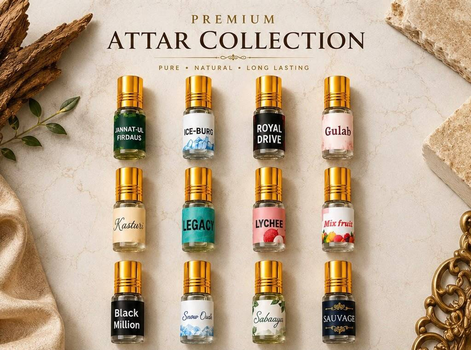 Image of THE PEARLS STUDIO 12 in 1 Premium Attar Combo Pack Long Lasting Alcohol Free Perfume Floral Attar (Citrus, Floral, Fruity, Jannat ul Firdaus, Kasturi, Oud (agarwood), Sandalwood)