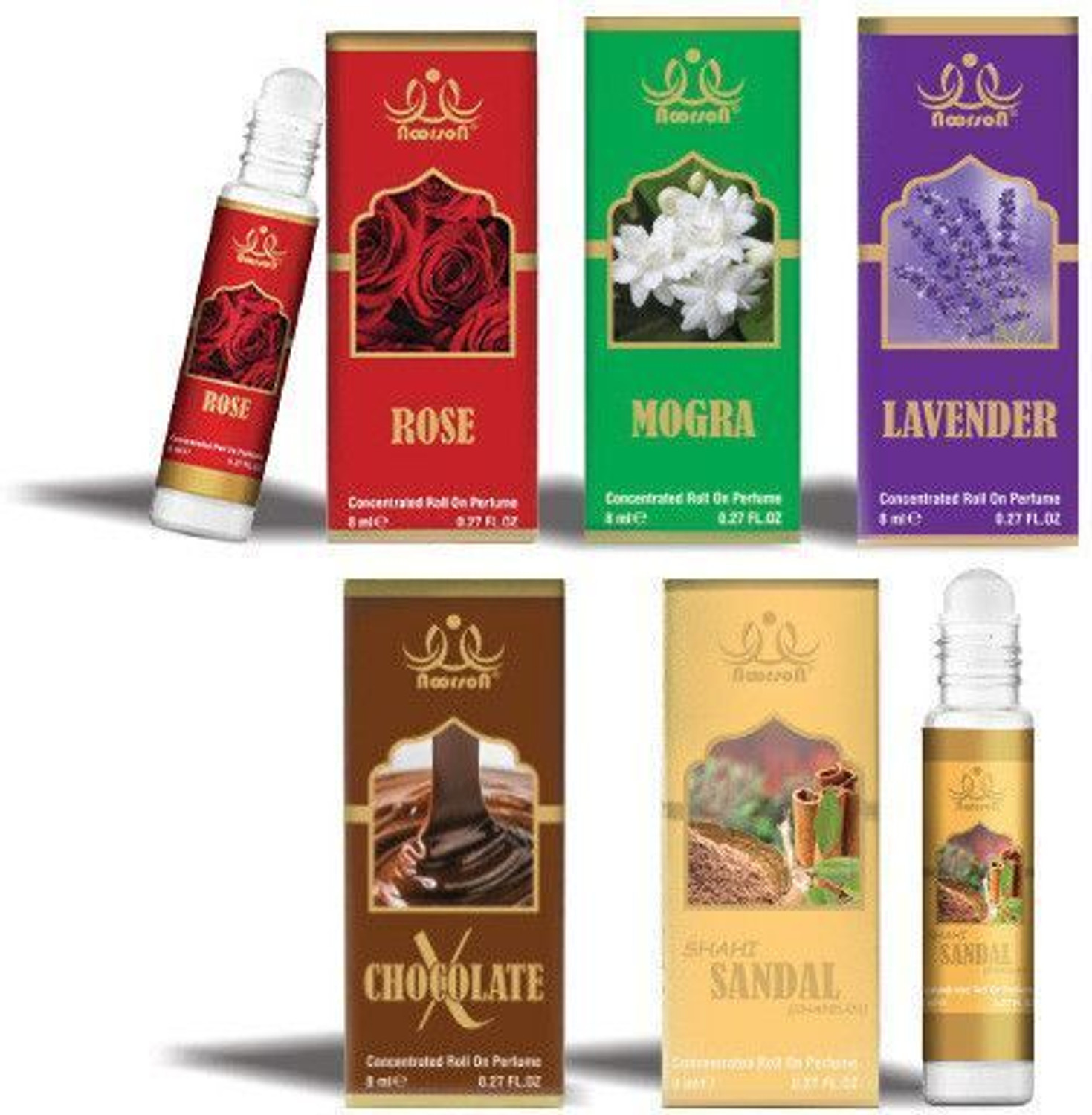 Image of Noorson Rose Mogra Lavender X Chocolate Shahi Sandal Premium Quality Attar PACK OF 5 Herbal Attar