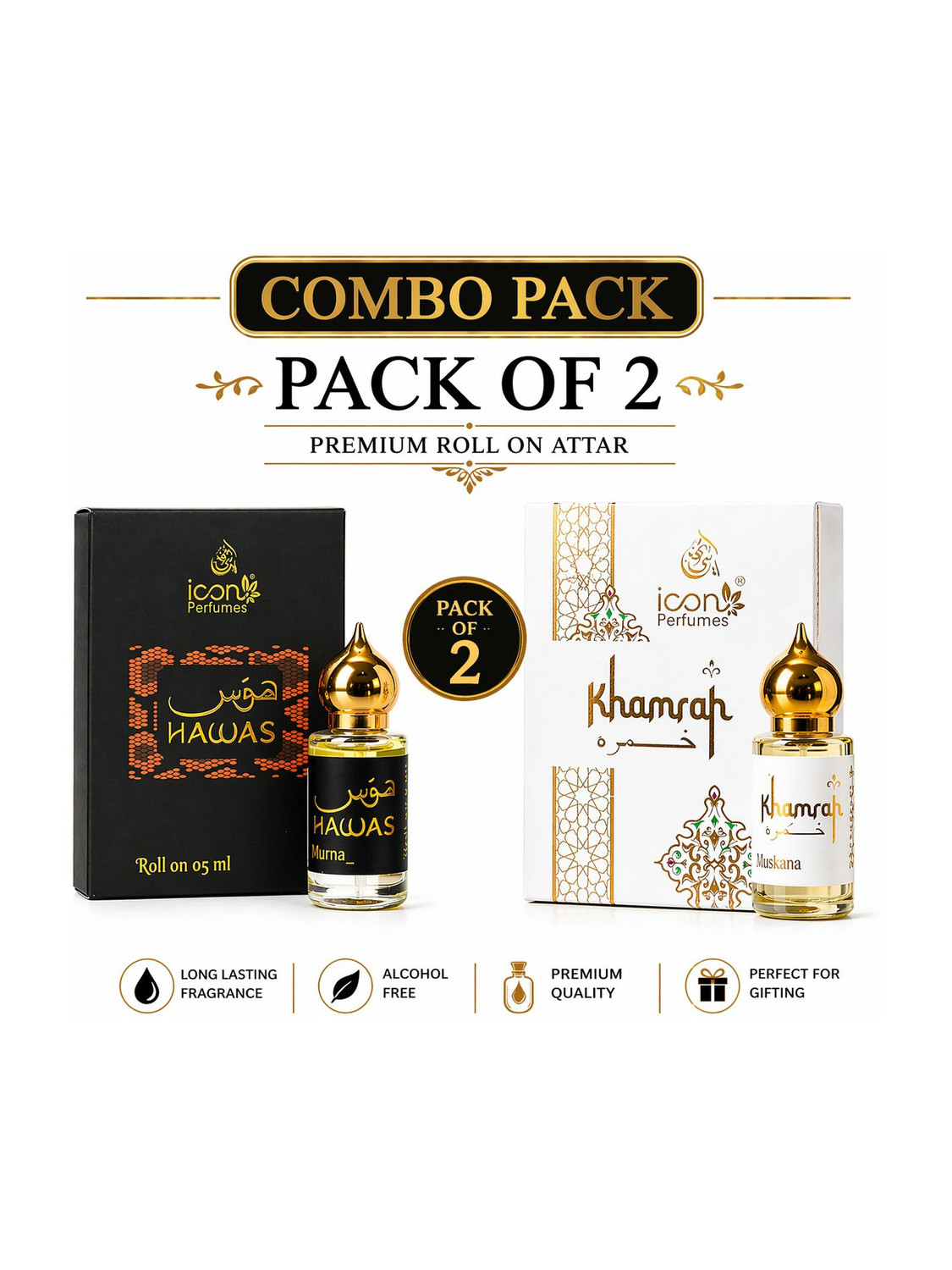 Icon Perfumes Hawas & Khamrah Attar Combo 10ml | Long Lasting Alcohol-Free Roll On Perfume Oil Floral Attar